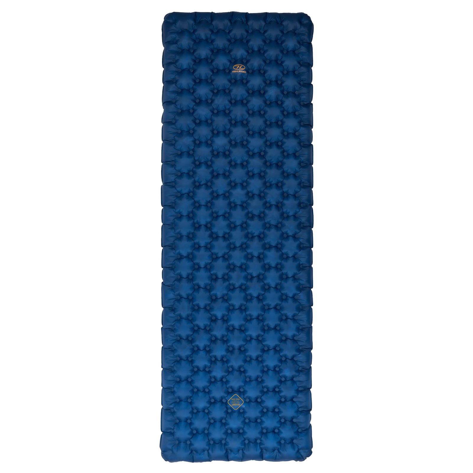 Die HIGHLANDER FORCES Highlander NAP PAK ARCTIC AIR MAT ist eine blaue, rechteckige Outdoor-Matte mit einer strukturierten, blasenähnlichen Oberfläche, die für das Camping entwickelt wurde und auf einem weißen Hintergrund steht.