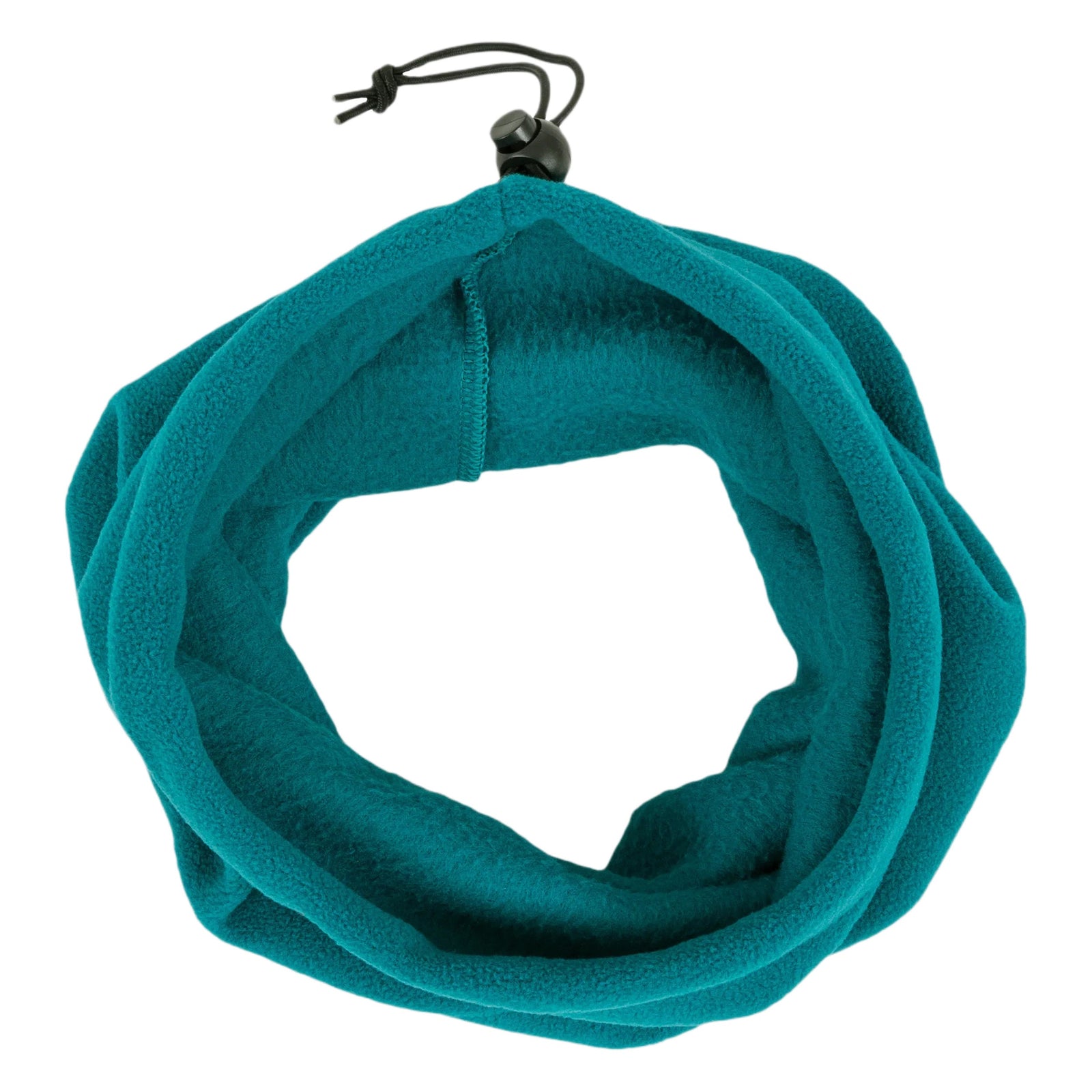 Ein tealfarbener HIGHLANDER OUTDOOR Highlander Polar Fleece Neck Warmer mit verstellbarem Kordelzug und schwarzem Knebel, kreisförmig angeordnet auf weißem Grund.