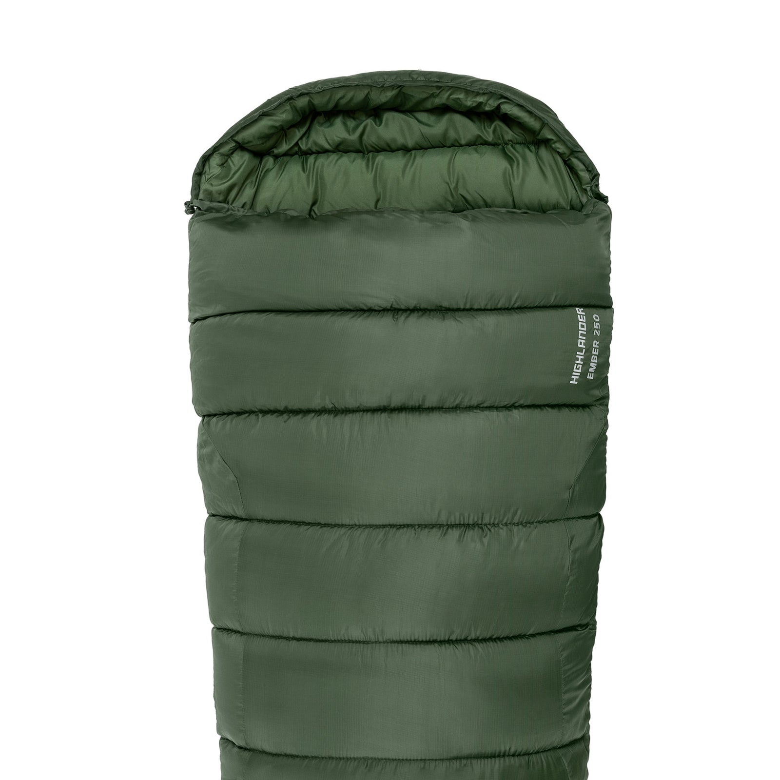 Der HIGHLANDER FORCES Highlander Schlafsack Phoenix Ember 250 ist ein grüner Kapuzenschlafsack mit horizontaler Steppung und weißem Modellprint - perfekt als 3-Jahreszeiten-Schlafsack für Outdoor-Abenteuer.