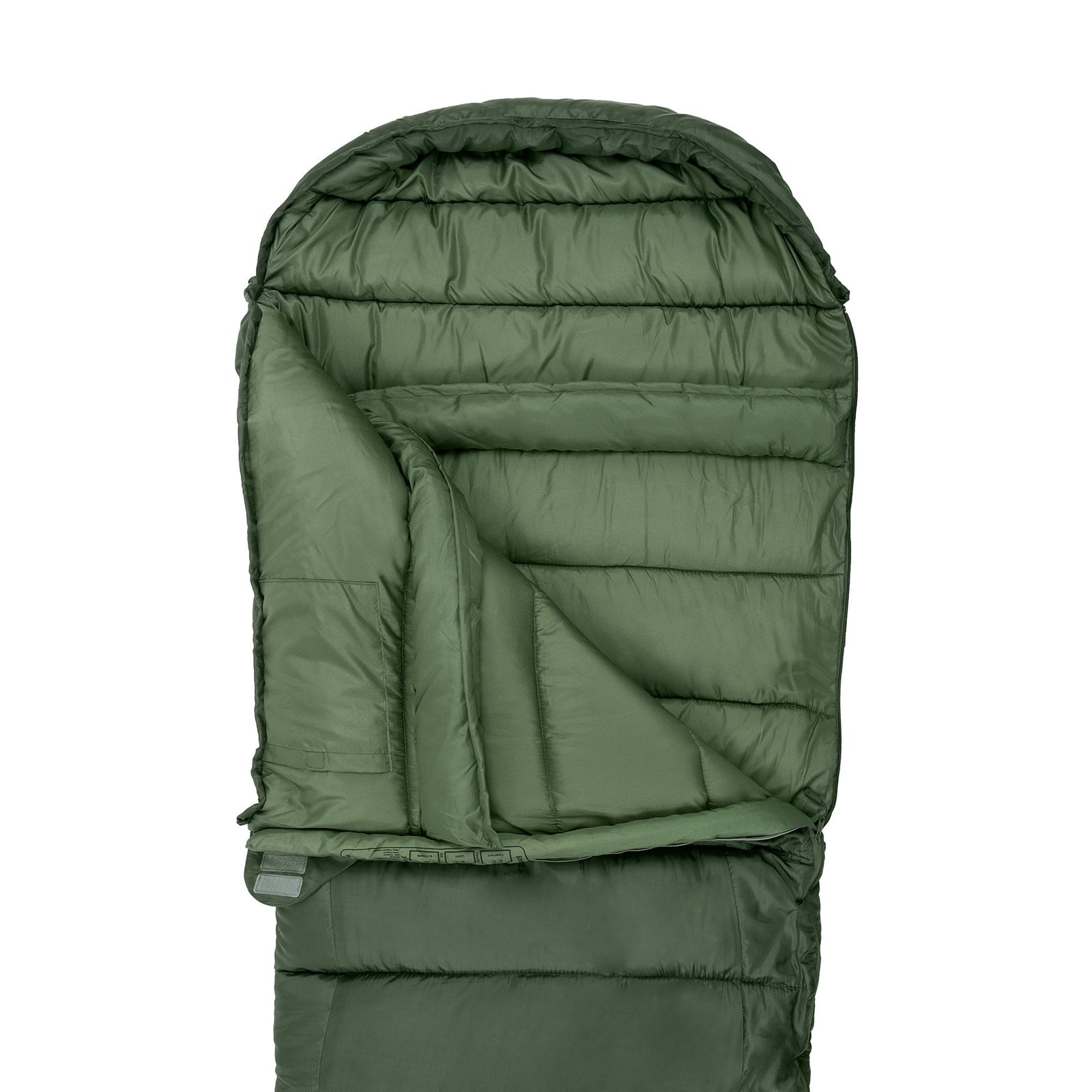 Der HIGHLANDER FORCES Highlander Schlafsack Phoenix Ember 250 in Grün ist flach mit teilweise geöffnetem Reißverschluss abgebildet, so dass das gesteppte und gepolsterte Innenfutter für Wärme und Komfort sichtbar wird.