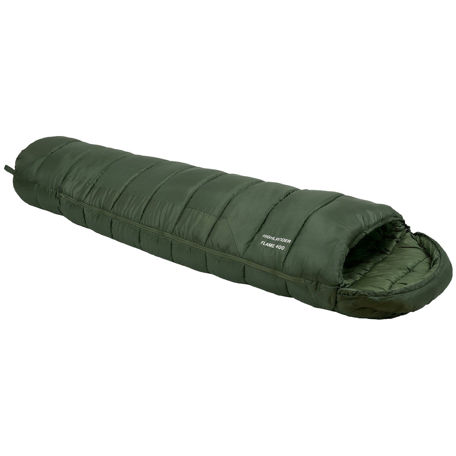 Der HIGHLANDER FORCES Phoenix Flame 400 Schlafsack, ein dunkelgrüner, mumienartiger Schlafsack mit Kapuze, ist isoliert und für Outdoor-Camping zu jeder Jahreszeit geeignet. Er ist auf einem schlichten weißen Hintergrund abgebildet.