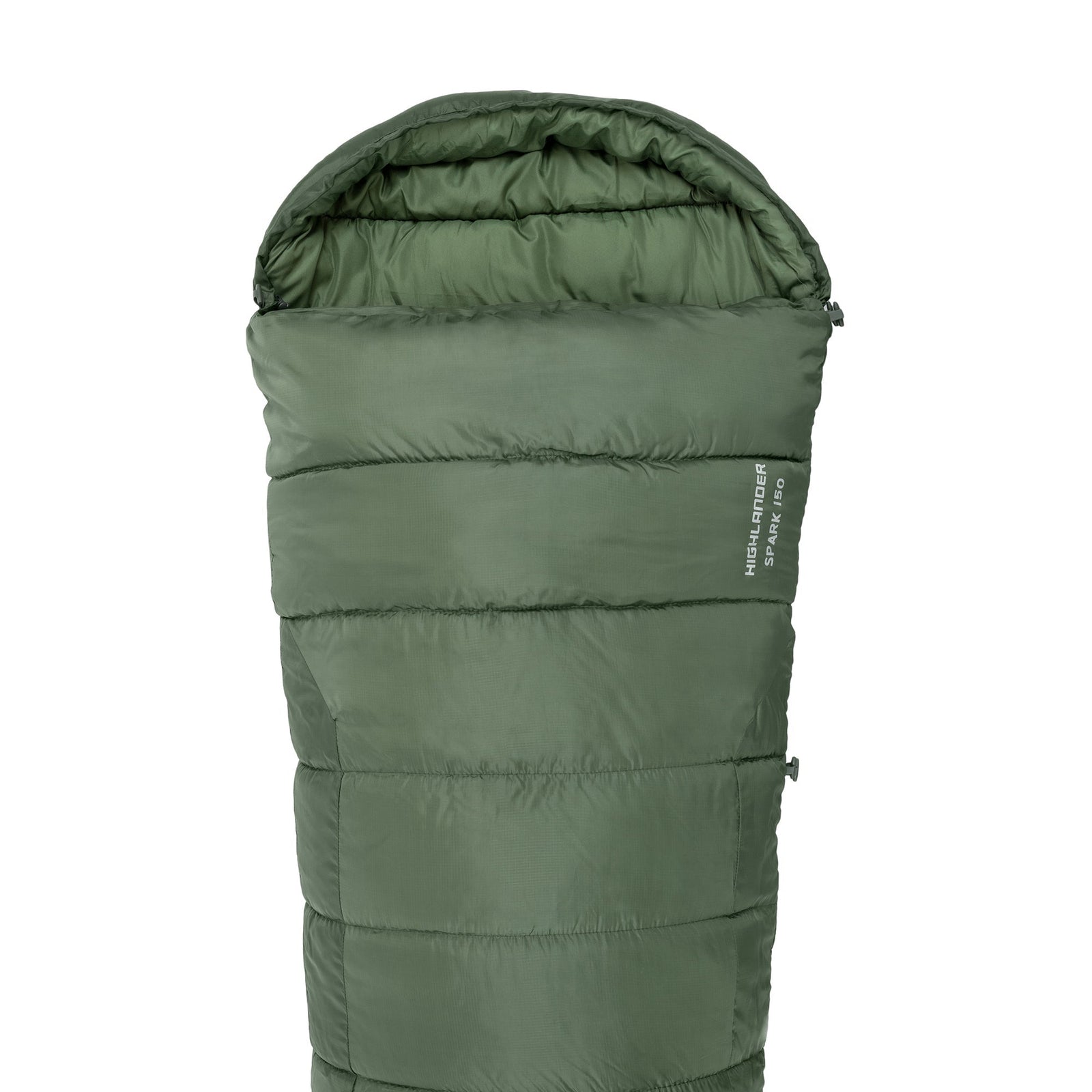 Ein grüner Highlander Forces Schlafsack Phoenix Spark 150 für 2 Jahreszeiten steht aufrecht mit geöffneter Kapuze. Auf der oberen rechten Seite des Schlafsacks ist "Heat Reflect" zu sehen.