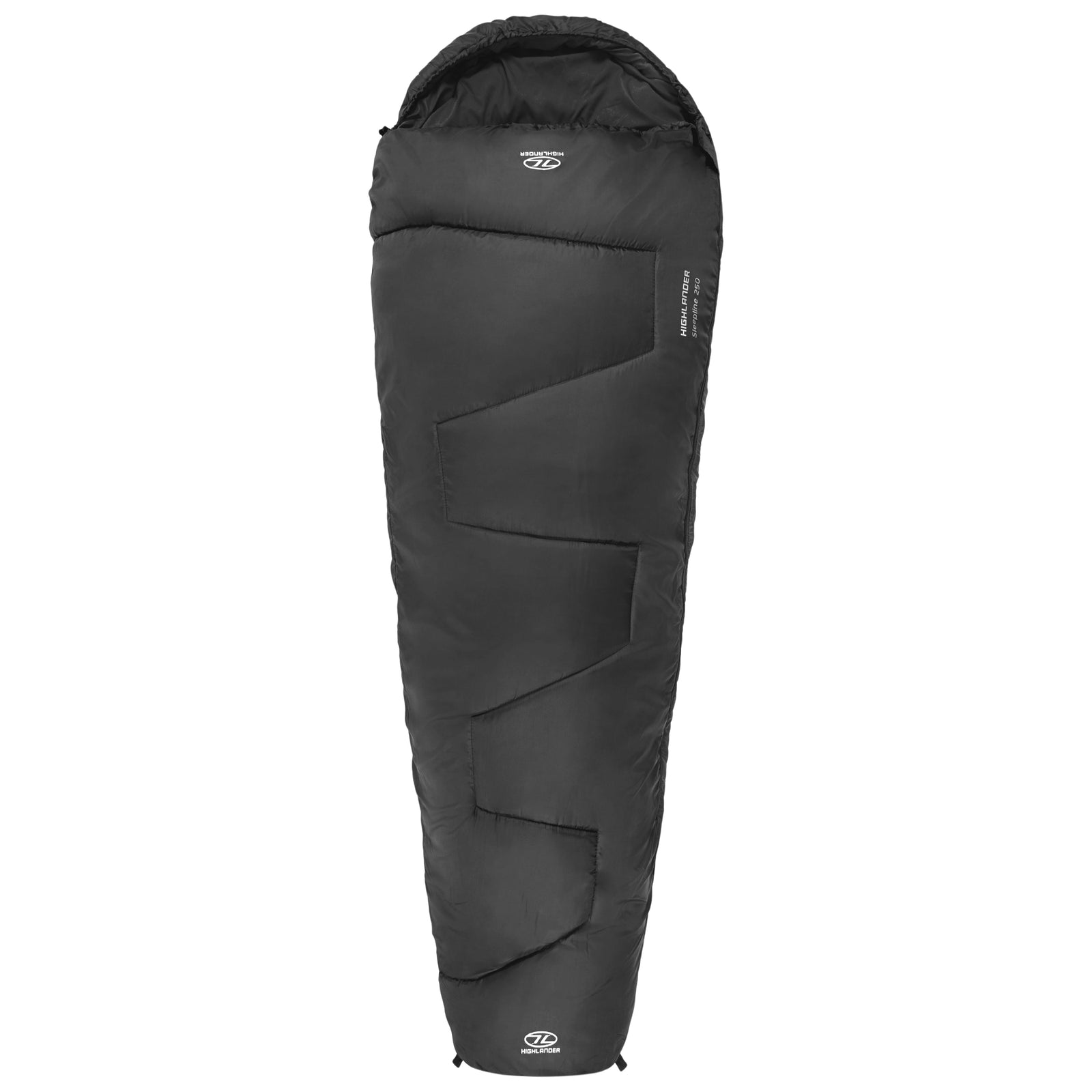Der HIGHLANDER OUTDOOR Schlafsack Sleepline 250, ein schwarzer Mumienschlafsack mit Kapuze und Reißverschluss auf der rechten Seite, ist auf weißem Hintergrund abgebildet - ideal als Ihr nächster Camping-Schlafsack für Outdoor-Abenteuer.