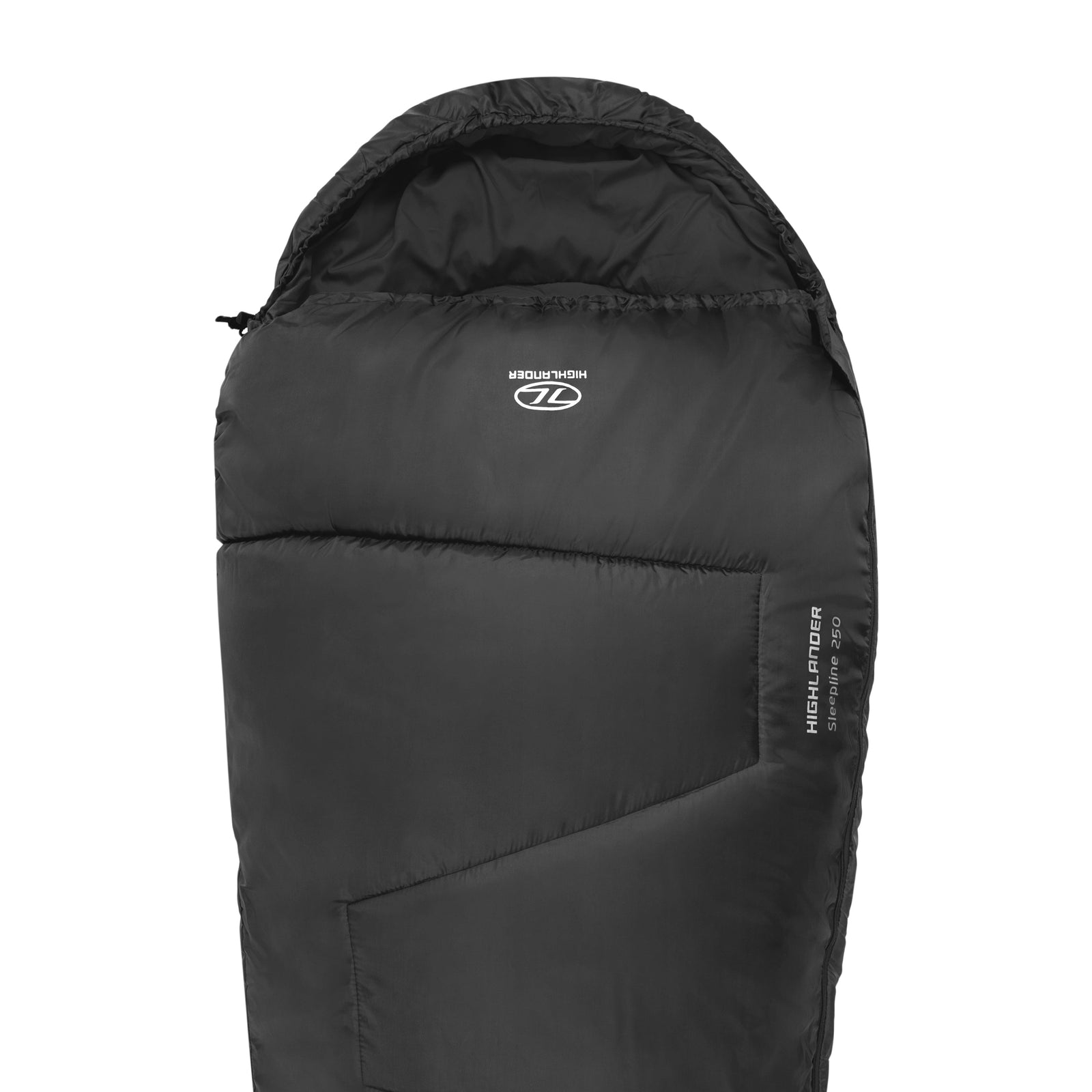 Der schwarze Highlander Schlafsack Sleepline 250 von HIGHLANDER OUTDOOR hat eine Kapuze, einen Reißverschluss und ein Branding auf der Vorderseite. Dieser gepolsterte Mumienschlafsack ist ideal als Camping-Schlafsack für Outdoor-Abenteuer.