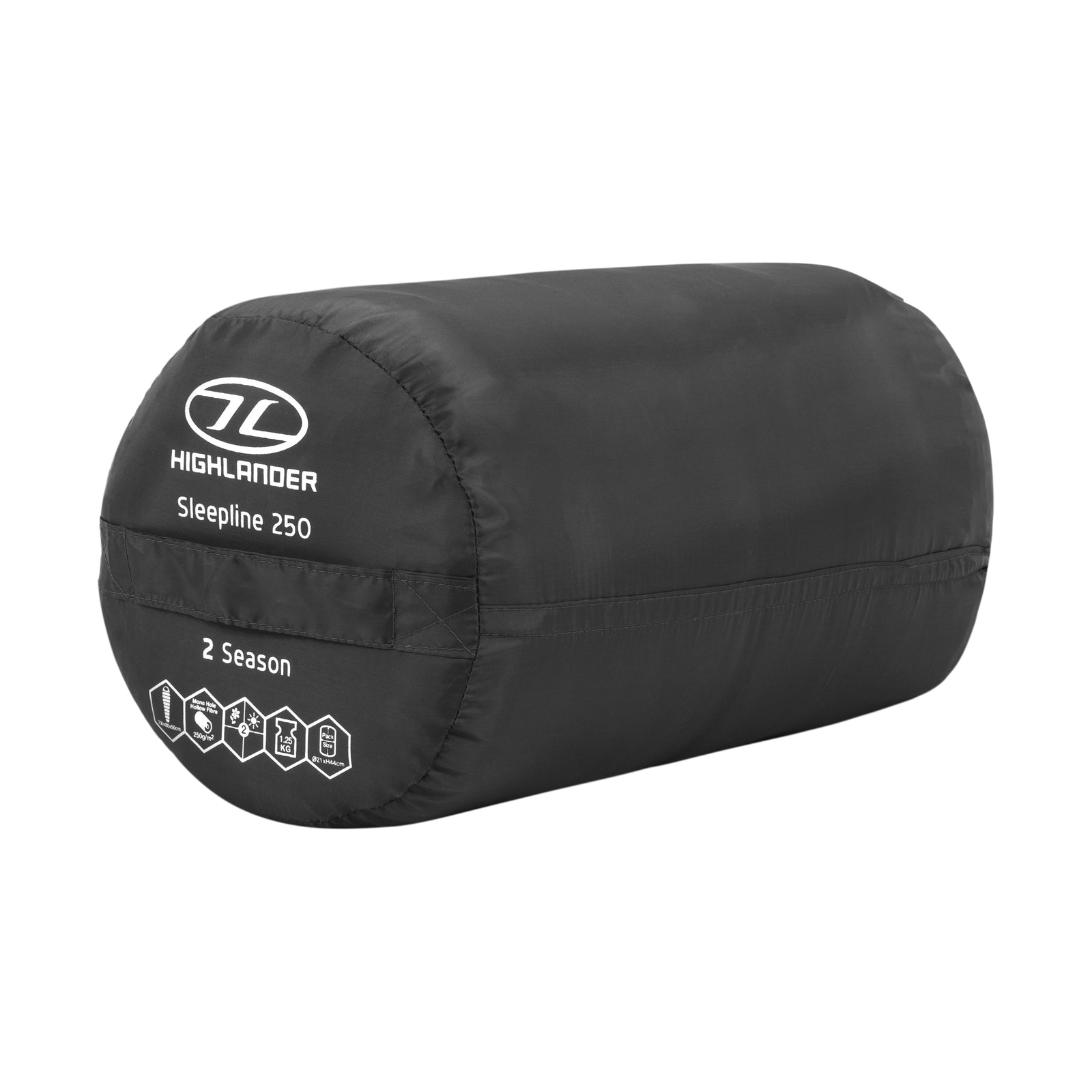Der HIGHLANDER OUTDOOR Schlafsack Sleepline 250 ist ein schwarzer, zylindrischer Schlafsack im Packsack mit der Aufschrift "2 Season" und weißen Piktogrammen und Text am Ende, um seine wichtigsten Eigenschaften hervorzuheben.