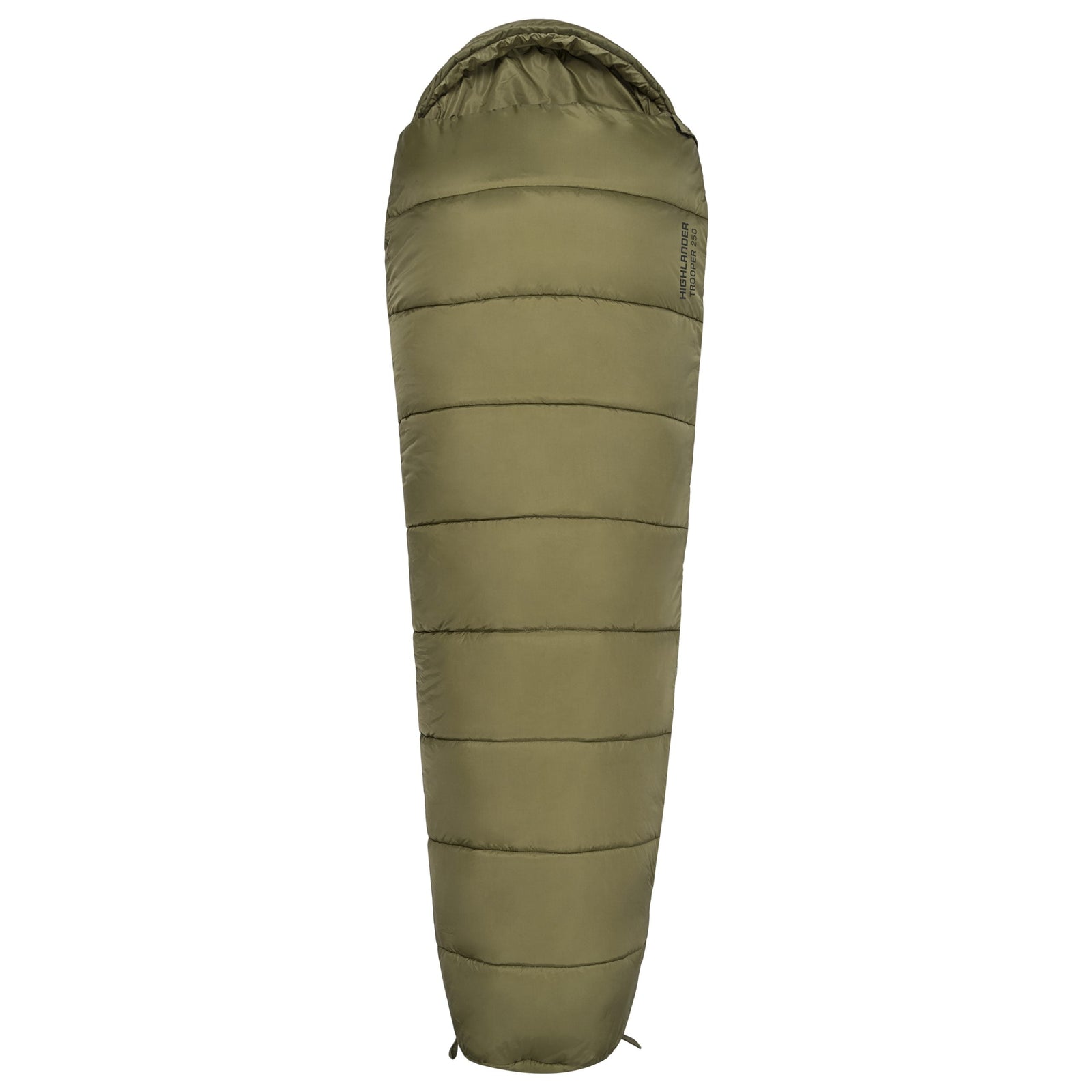 Der HIGHLANDER FORCES Highlander Schlafsack Trooper 250 ist ein grüner, mumienartiger Schlafsack mit horizontalen Nähten, einem Kapuzenoberteil und einer verjüngten Form, die sich an den Schultern verbreitert und an den Füßen verengt, um Komfort zu bieten.