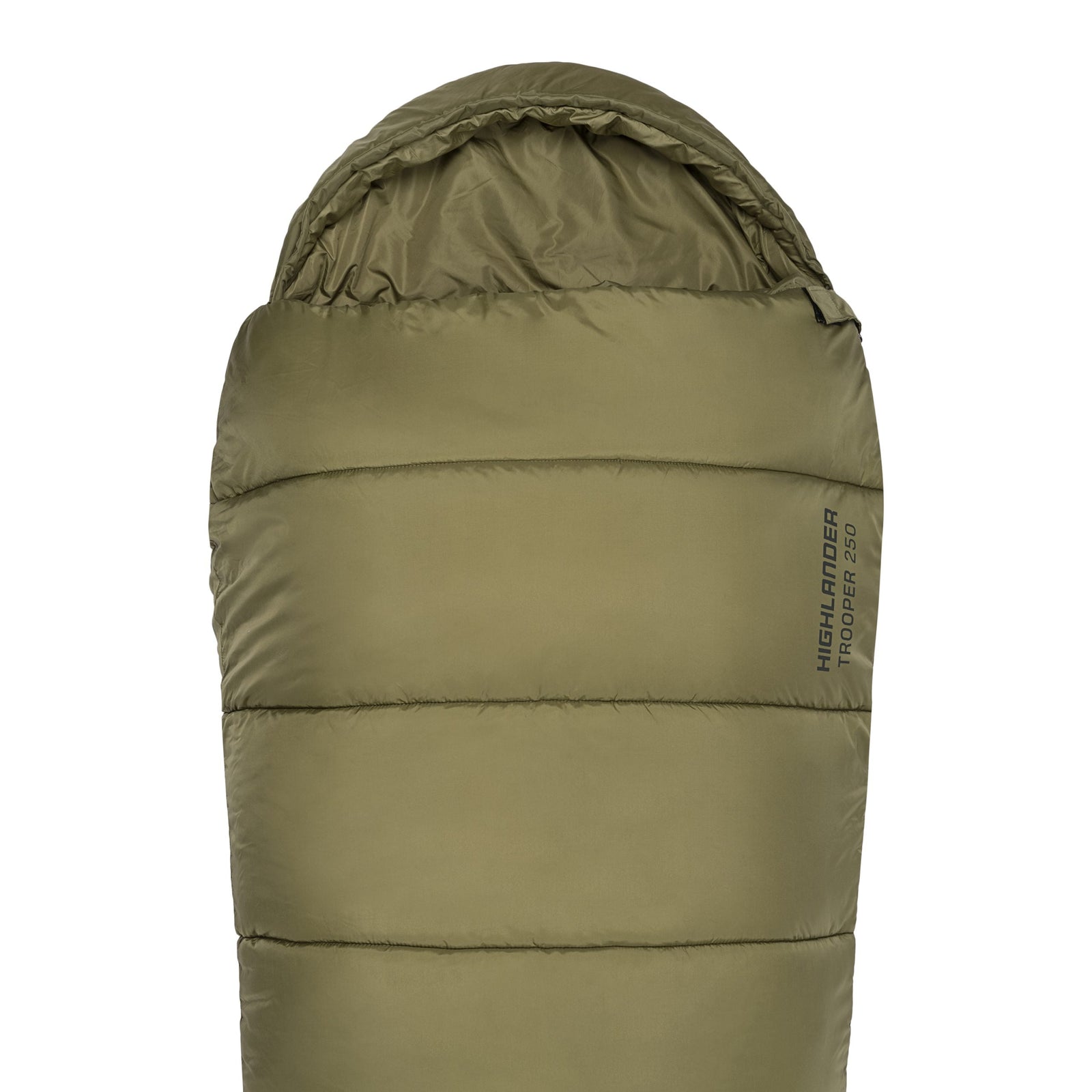 Ein grüner Highlander Schlafsack Trooper 250 von HIGHLANDER FORCES im Mumiendesign mit Kapuze, die den oberen Teil zeigt. Der Markenname und das Modell sind auf der rechten Seite aufgedruckt.