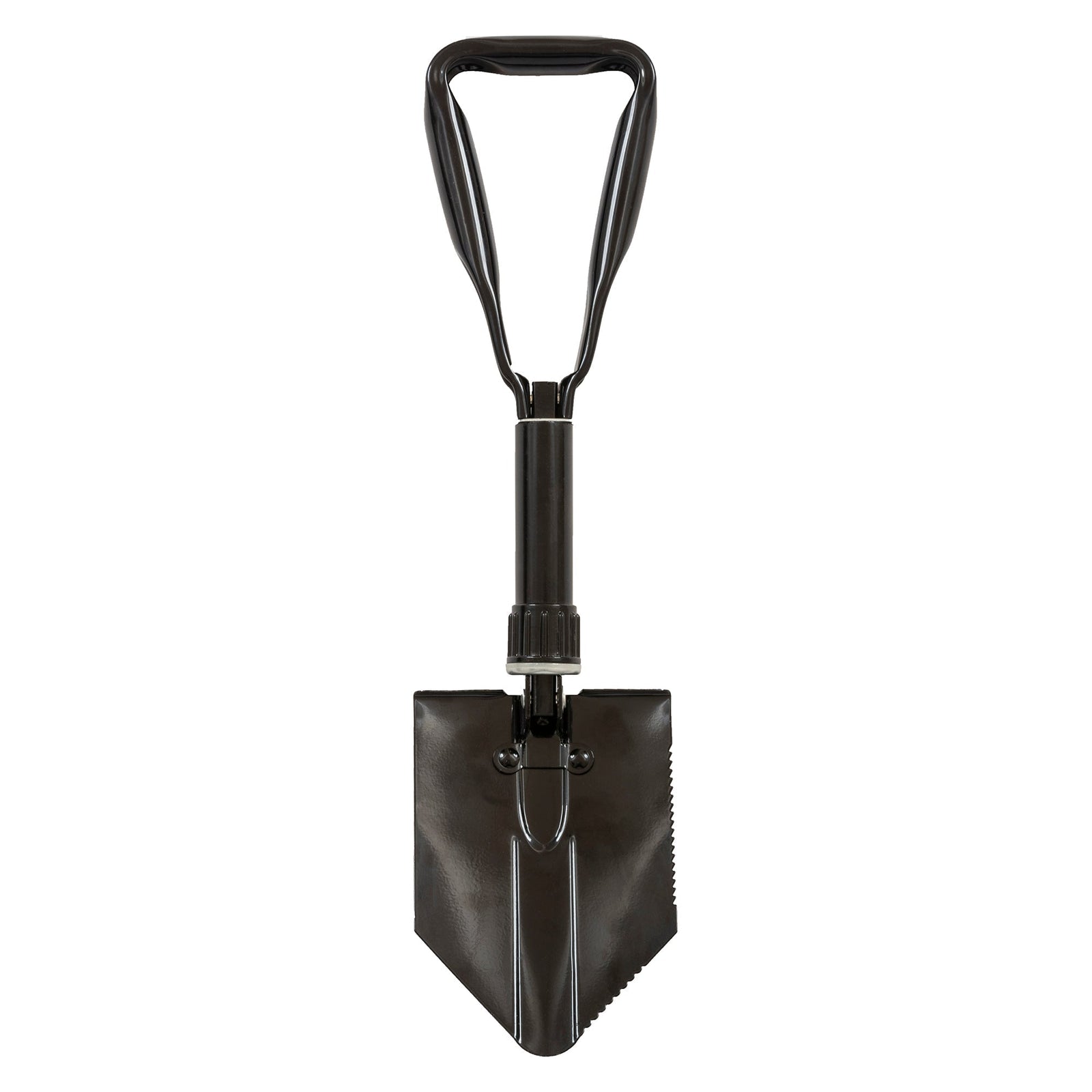 Die Highlander doppelt klappbare Schaufel von HIGHLANDER FORCES mit dreieckigem Blatt und D-Griff eignet sich ideal für Camping oder Survival und steht aufrecht vor weißem Hintergrund.