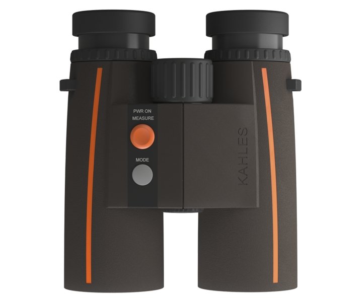 Ein schwarz-orangefarbenes Fernglas Kahles Fernglas Helia RF 8x42 von KAHLES mit zwei Tasten in der Mitte der Konsole ("PWR ON MEASURE" in orange und "MODE" in grau) und dem seitlich eingeprägten Markennamen.