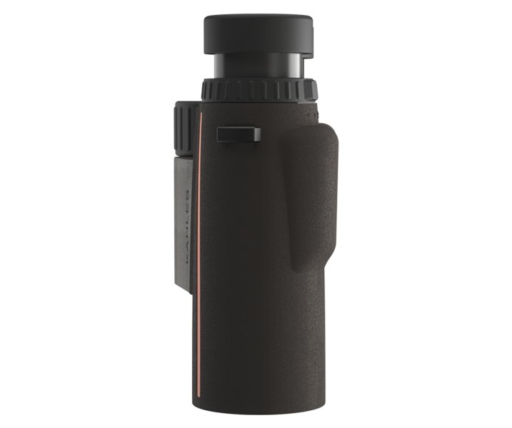 Das KAHLES Helia RF 8x42 Fernglas in Schwarz mit strukturiertem Griff, oberem Fokussierrad und seitlichem Einstellknopf für präzise Distanzmessung steht aufrecht vor weißem Hintergrund.
