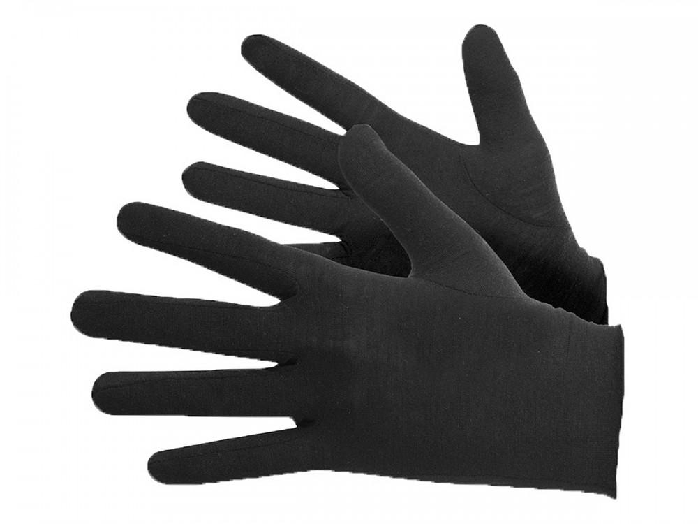 Ein Paar schwarze LASTING Merino Handschuhe Modell ROK, wobei ein Handschuh leicht über und hinter dem anderen liegt, auf weißem Hintergrund.