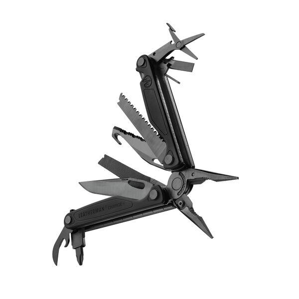 Das LEATHERMAN Leatherman CHARGE PLUS Multitool in Schwarz ist aufgeklappt vor einem weißen Hintergrund abgebildet und zeigt seine Zangen-, Messer-, Säge-, Feilen-, Schraubendreher- und Dosenöffneraufsätze.