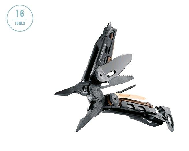 Das Bild zeigt ein LEATHERMAN MUT® BLACK Multitool mit Zangen, Klingen, einem Waffenzerlegungsdorn und weiteren Werkzeugen ausgefahren. Ein kreisförmiges Symbol oben links zeigt "16 Werkzeuge" an.