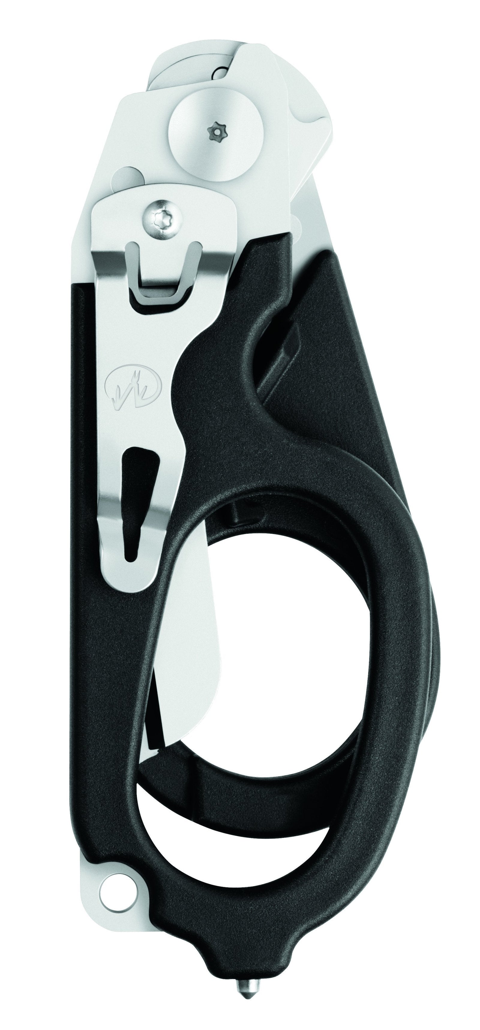 Das LEATHERMAN Schere Raptor ist ein schwarz-silbernes, handgehaltenes Industrie-Multitool mit großem Griffloch, Metallkomponenten und sichtbarem Verriegelungsmechanismus, dargestellt auf weißem Hintergrund.