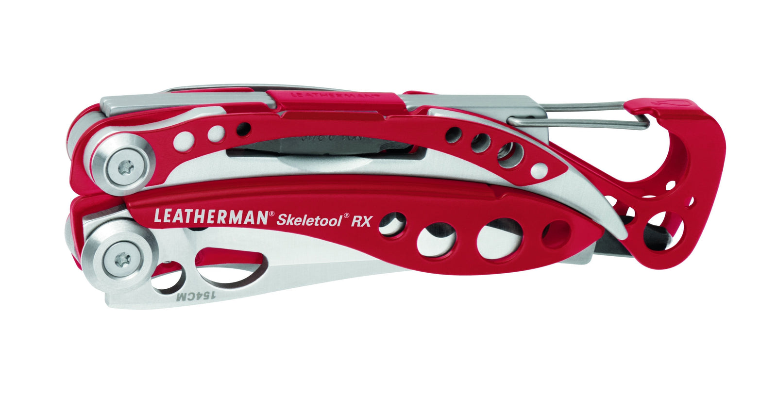 Das LEATHERMAN Skeletool RX Multitool ist in Rot und Silber gefaltet und zeigt seinen Karabinerclip und verschiedene Werkzeugkomponenten - perfekt als Rettungssanitäter Werkzeug.