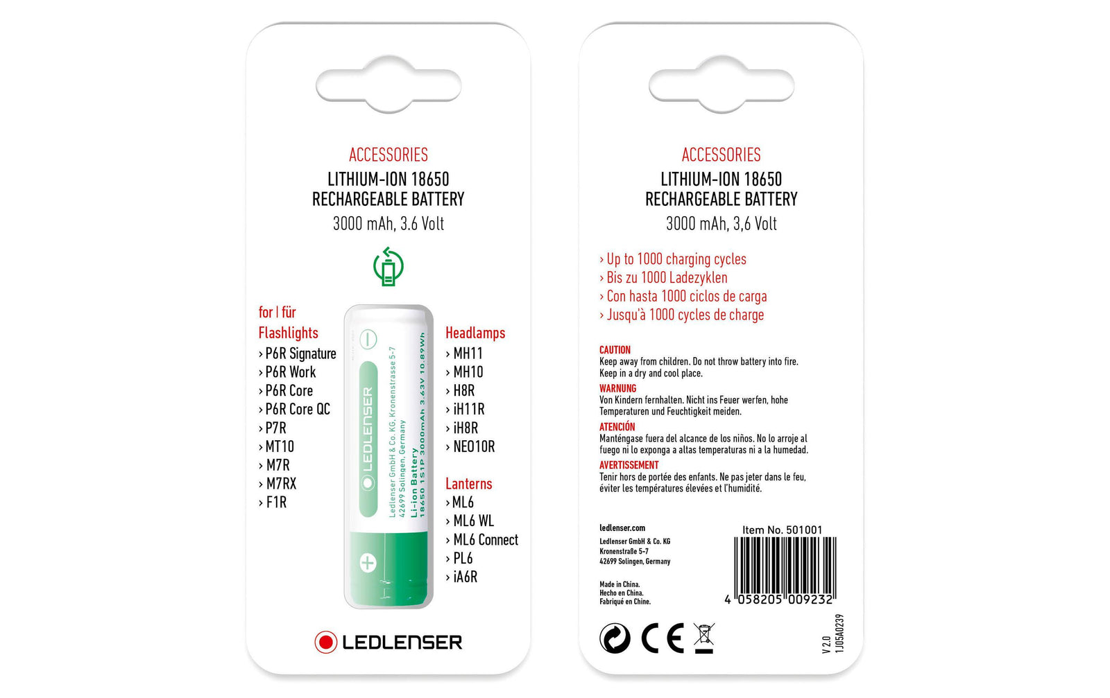 Vorder- und Rückseite der Verpackung des LEDLENSER Akku Li-Ion 3,6 V / 3000 mAh. Die Vorderseite zeigt die kompatiblen Geräte; die Rückseite enthält Merkmale, Spezifikationen, Warnhinweise, Barcode - ideal als zuverlässiger LEDLENSER Ersatzakku.