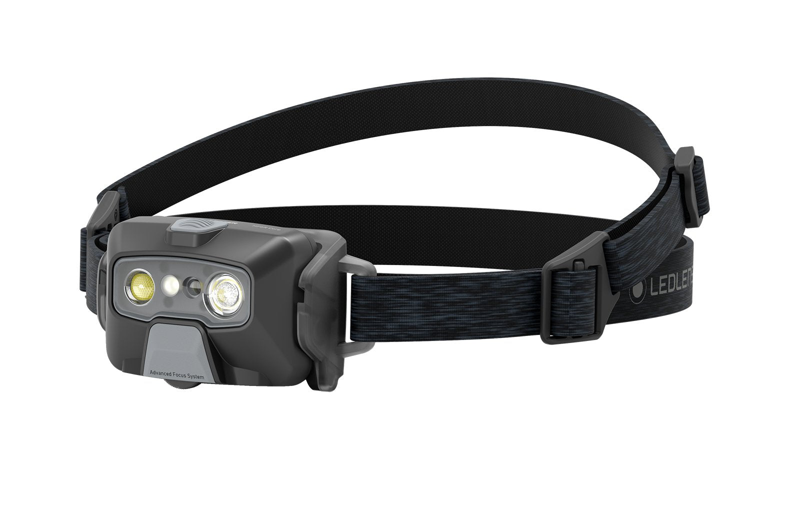 Die LEDLENSER HF6R Core ist eine schwarze Stirnlampe mit einem verstellbaren Gummiband, zwei Frontlinsen und einer zentralen Taste. Sie bietet 800 Lumen für eine freihändige Beleuchtung im Freien.