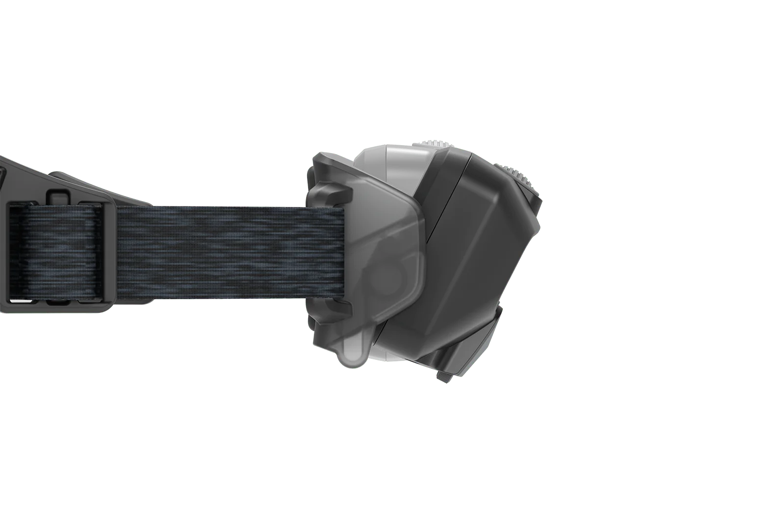 Seitenansicht der LEDLENSER HF6R Core-Stirnlampe in Schwarz mit verstellbarem Band, dargestellt auf einem schlichten weißen Hintergrund. Diese kompakte und robuste Lampe bietet 800 Lumen, perfekt für freihändige Beleuchtung.