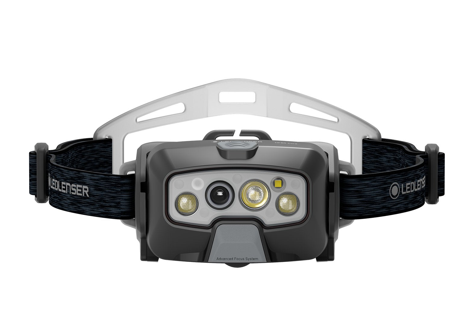Die LEDLENSER HF8R Core ist eine schwarz-graue LED-Stirnlampe mit einem verstellbaren Gummiband, mehreren Frontlinsen und Knöpfen, die eine freihändige Beleuchtung mit Adaptive Light Beam-Technologie bietet.
