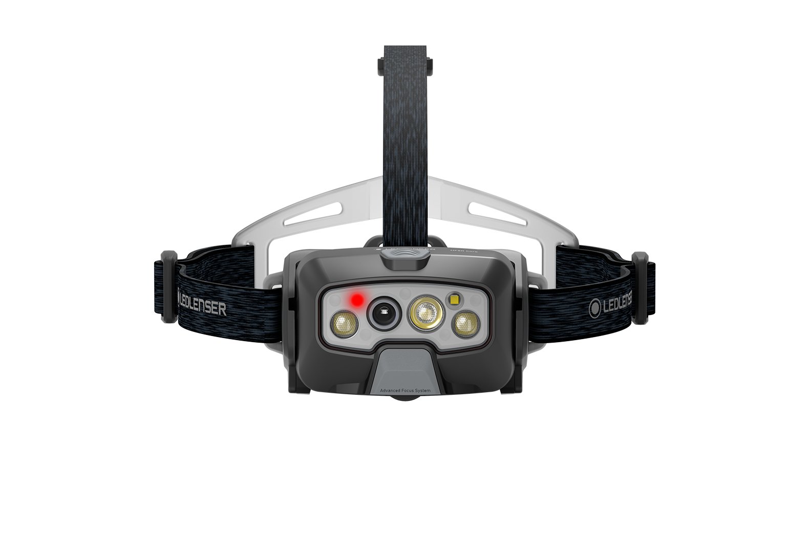 Die LEDLENSER HF8R Core ist eine schwarz-graue Stirnlampe mit einem verstellbaren Gurt, drei Hauptlichtern, einem roten Blinklicht, Adaptive Light Beam Technology und dem LEDLENSER-Logo auf den Seitenbändern.
