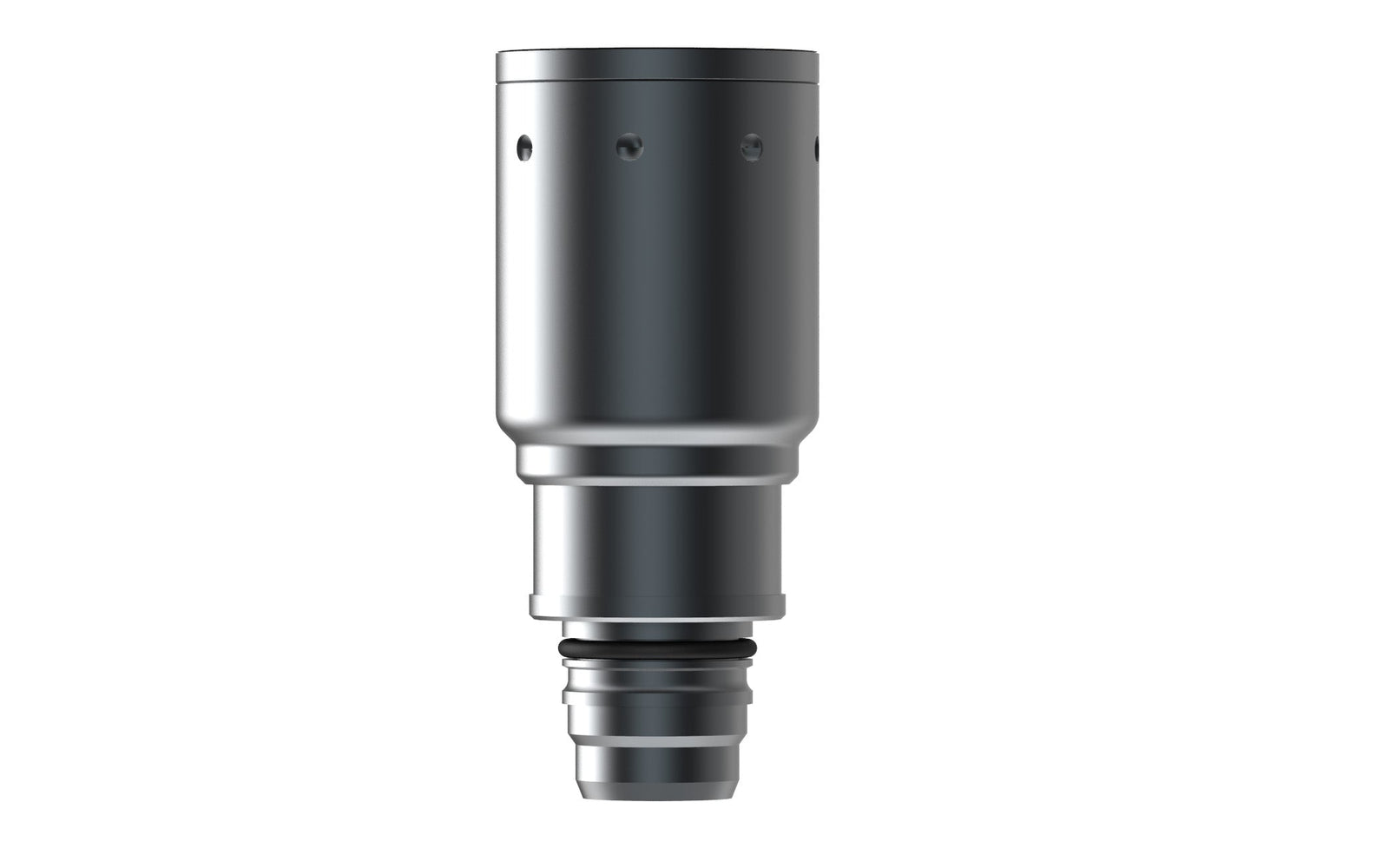 Die LEDLENSER Ledlenser Lampenset Workers Friend ist eine metallische, zylindrische Lampe mit glatter dunkler Oberfläche, kleinen Löchern am oberen Rand und geriffeltem, konischem Ende - ideal für professionelle Einsätze.