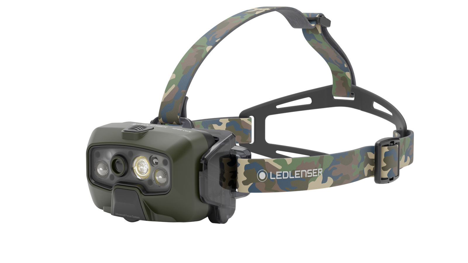 Die LEDLENSER Stirnlampe HF8R Core RGB ist eine Stirnlampe mit Camo-Muster, Adaptive Light Beam Technologie, verstellbarem Gurt und drei Frontlichtern auf weißem Hintergrund.