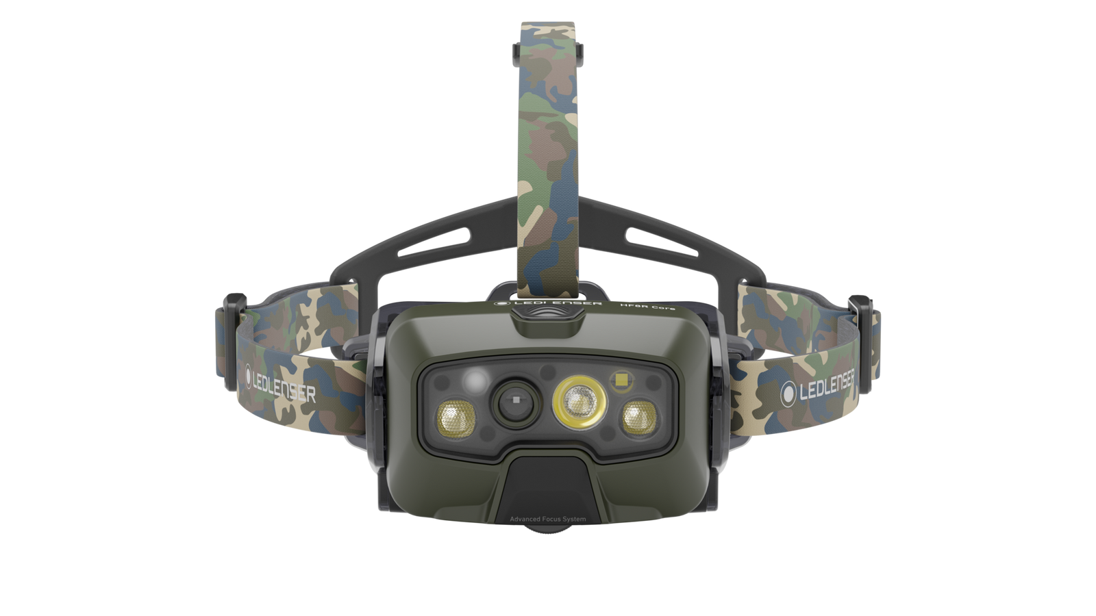 Die LEDLENSER Strinlampe HF8R Core RGB ist eine LED-Stirnlampe mit Camo-Muster, Adaptive Light Beam-Technologie, verstellbarem Gurt, nach vorne gerichteten Linsen und Knöpfen sowie sichtbarem LEDLENSER-Branding an der Seite - perfekt für den Outdoor-Einsatz.