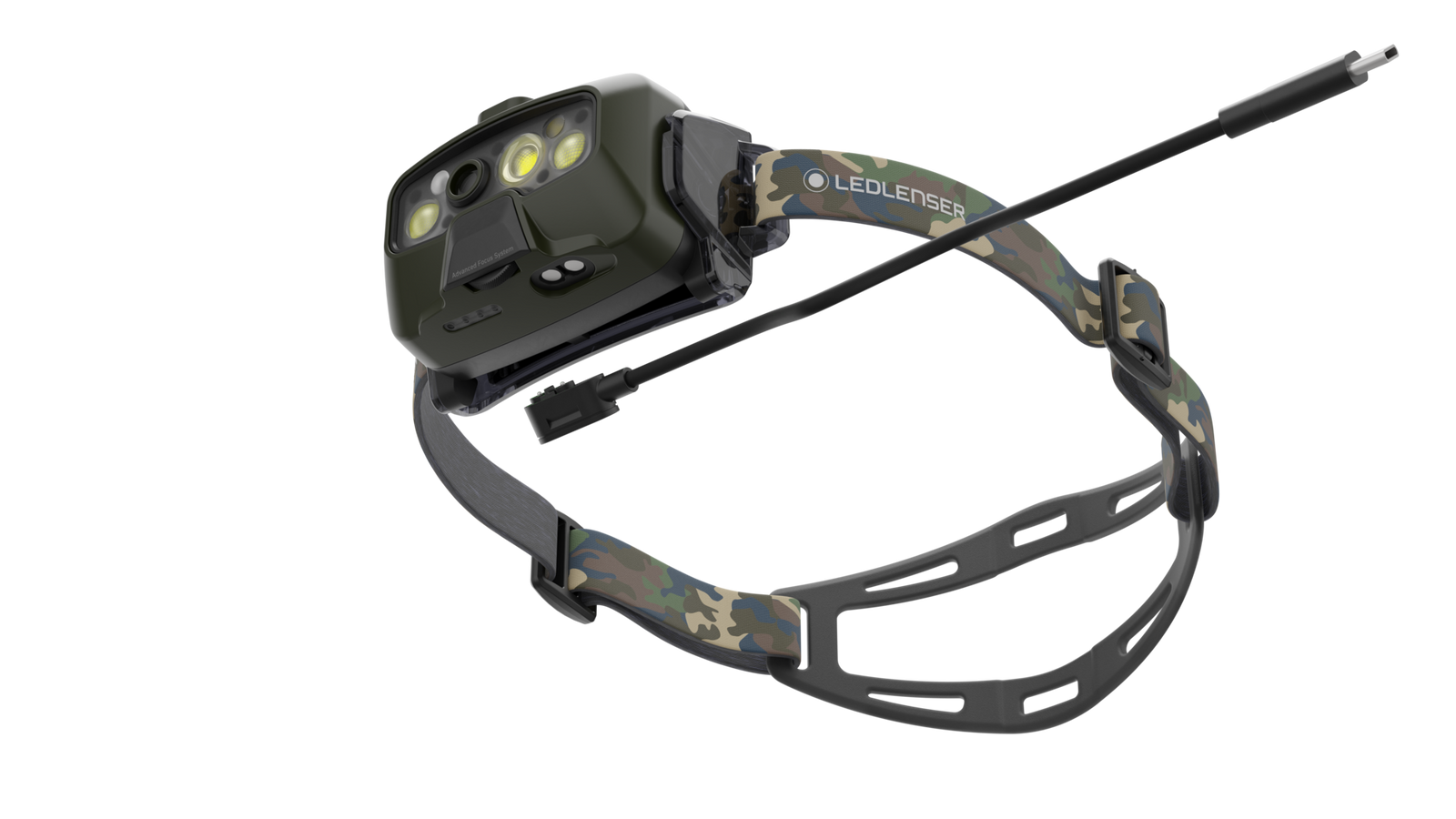 Die LEDLENSER Strinlampe HF8R Core RGB-Stirnlampe mit Camouflage-Muster, verstellbarem Band, USB-Ladekabel und Adaptive Light Beam-Technologie wird auf weißem Hintergrund dargestellt.