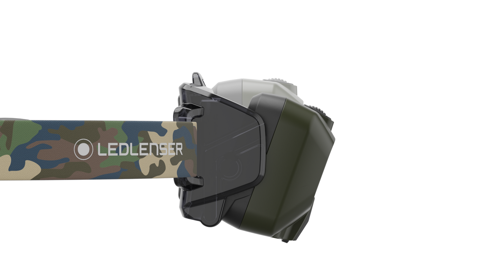 Seitenansicht der LEDLENSER Strinlampe HF8R Core RGB in Grün und Schwarz mit verstellbarem Tarnmuster-Band und Adaptive Light Beam-Technologie auf weißem Hintergrund.