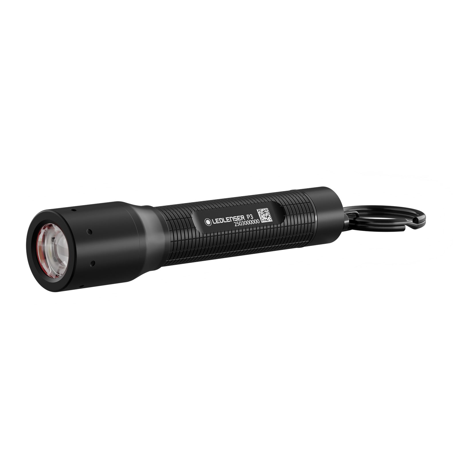 Die LEDLENSER P3 ist eine schwarze, kompakte Taschenlampe mit strukturiertem Griff, großer Frontlinse, Schlüsselringbefestigung, Modellnummern-Branding und Advanced Focus System für vielseitige Beleuchtung.