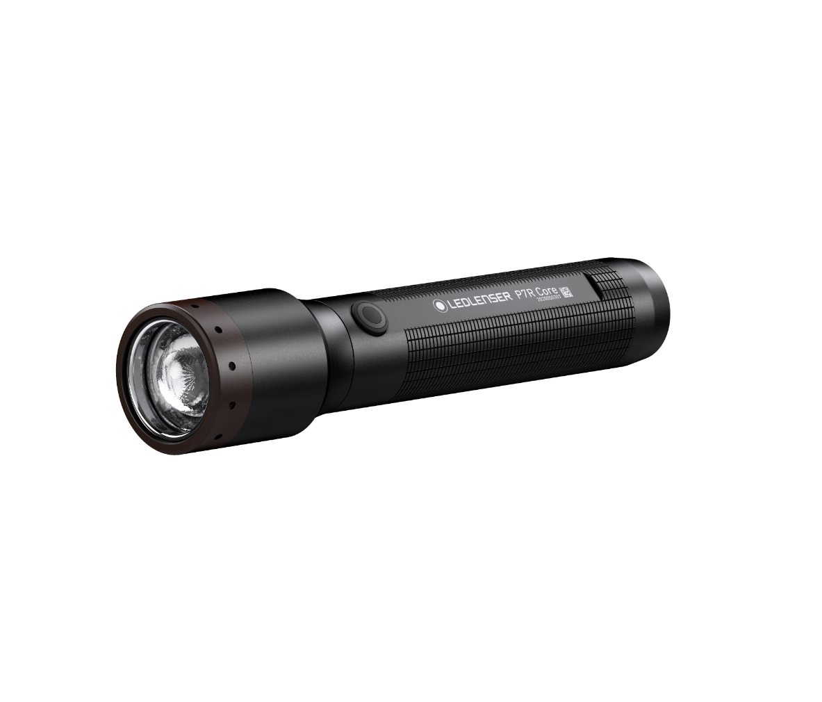 Eine schwarze LEDLENSER Taschenlampe P7R Core mit strukturiertem Griff und breiter kreisförmiger Linse mit Advanced Focus System ist auf einem weißen Hintergrund angeordnet.