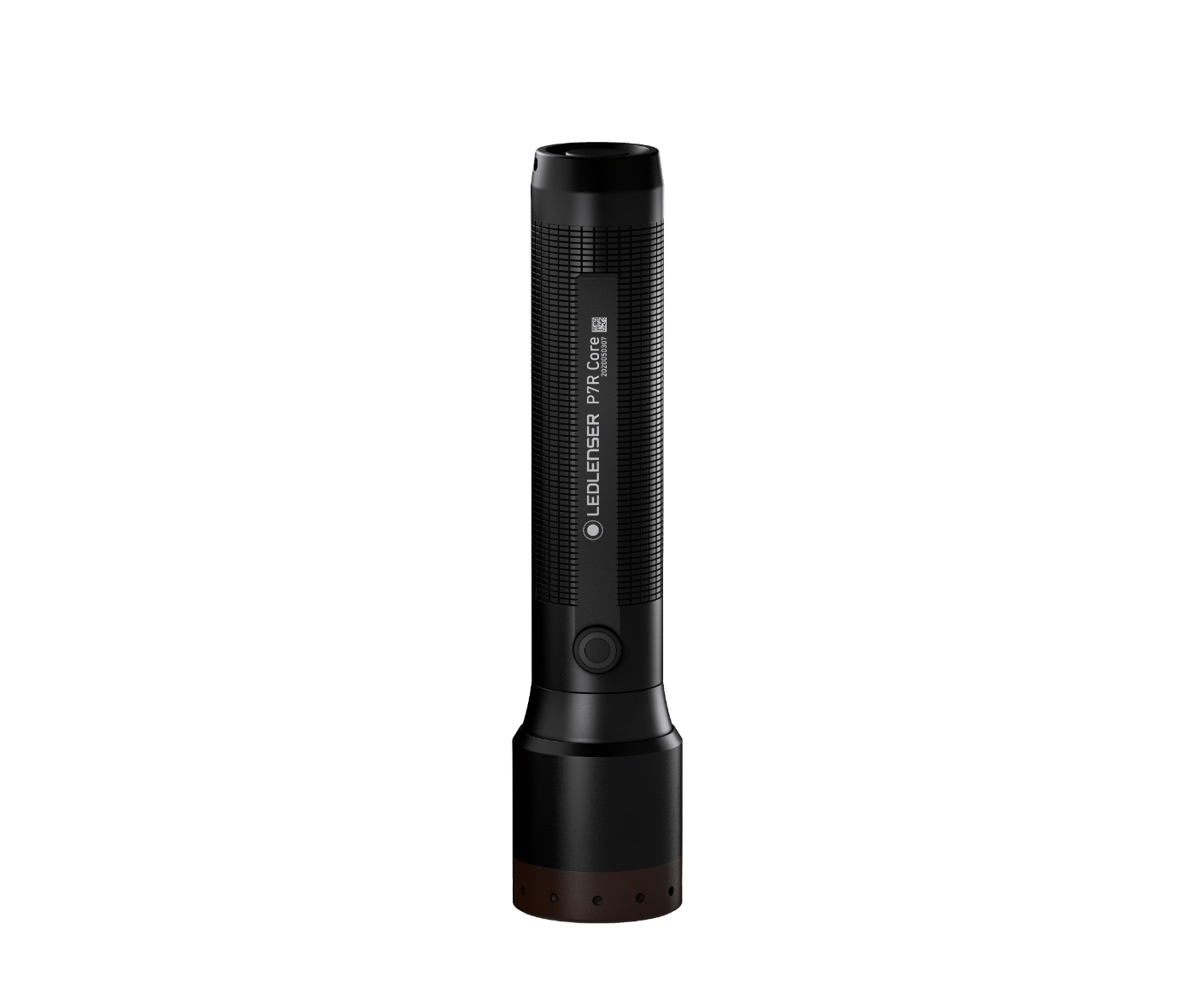 Die LEDLENSER Taschenlampe P7R Core ist eine schwarze Taschenlampe mit einem strukturierten Griff, einem einzigen Knopf und dem Schriftzug "LEDLENSER P7R CORE" an der Seite. Sie verfügt über das Advanced Focus System und steht aufrecht vor einem weißen Hintergrund.
