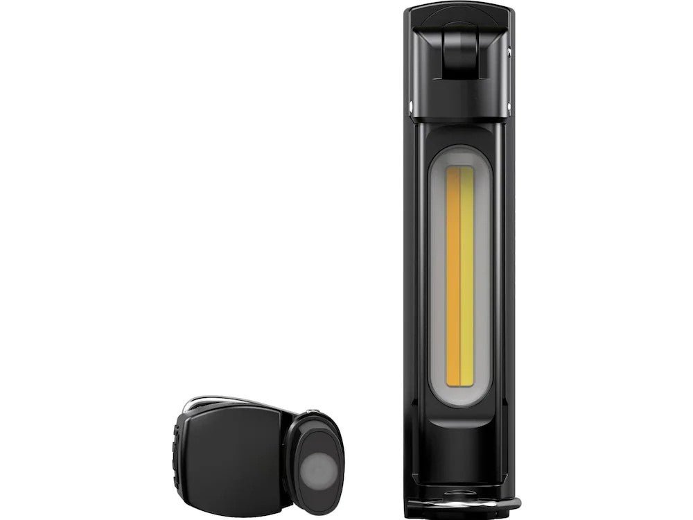 Die LEDLENSER W7R Work ist eine schwarze, tragbare LED-Arbeitsleuchte mit zentralem gelben Streifen und UV-Licht. Sie wird aufrecht und zusammengeklappt gezeigt, um ihr flexibles Design zu zeigen.
