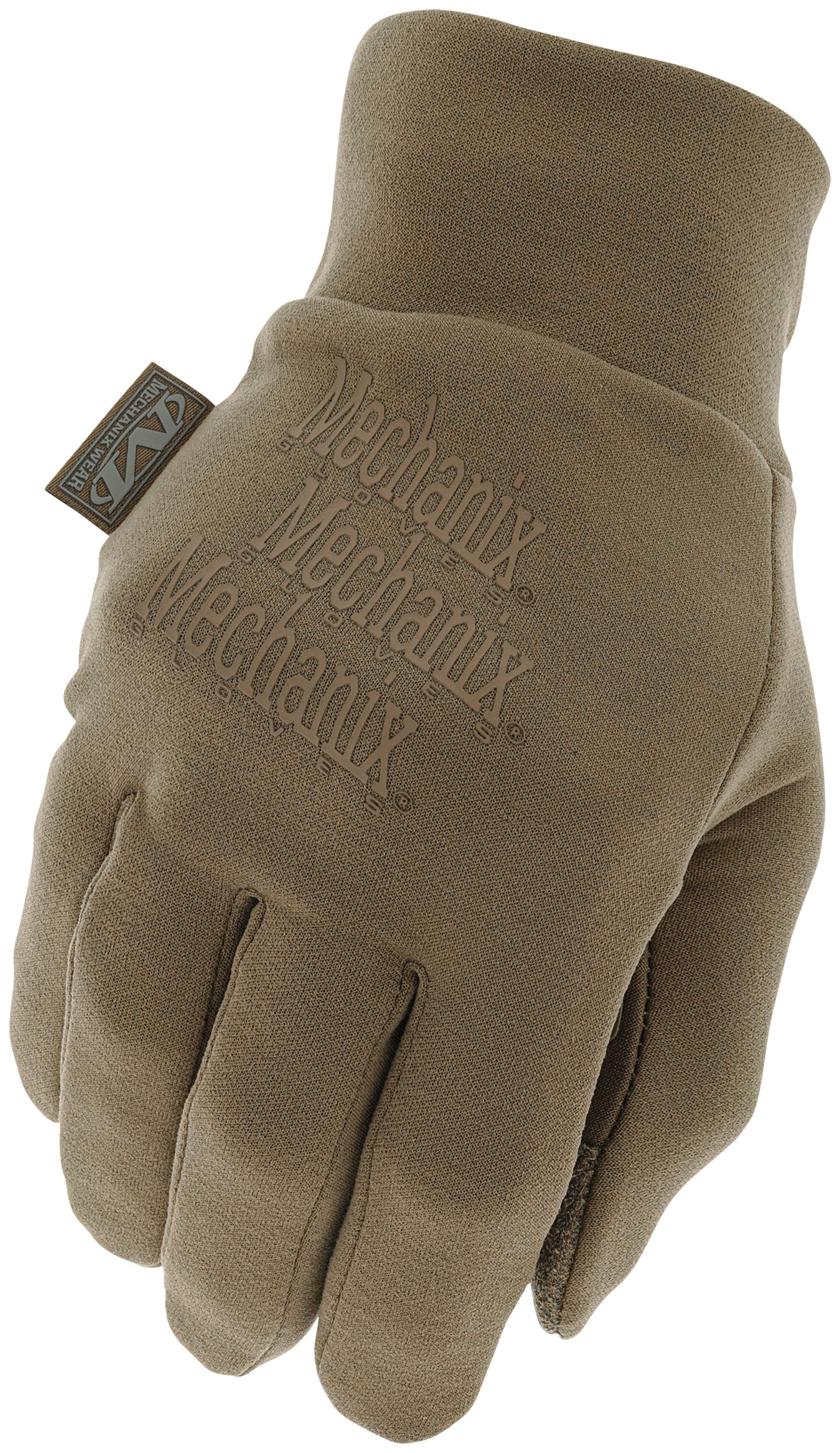 Der MECHANIX Handschuh ColdWork™ Base Layer - Coyote ist ein brauner Arbeitshandschuh mit dem geprägten MECHANIX-Markennamen auf dem Handrücken, der auf weißem Hintergrund abgebildet ist - ideal als Basisschicht oder Innenhandschuh für zusätzlichen Komfort.