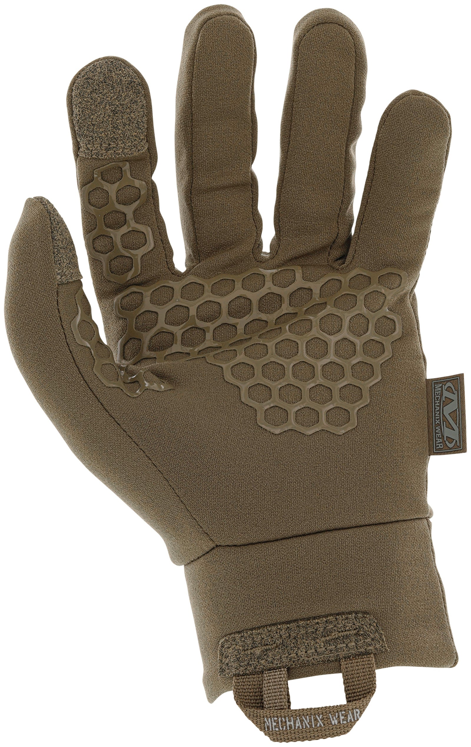 Ein einzelner MECHANIX ColdWork™ Base Layer - Coyote Handschuh, Handfläche nach oben auf weißem Grund, mit sechseckigem Griff und Klettverschluss am Handgelenk. Ideal als Innenhandschuh oder für zusätzlichen Komfort und Schutz bei kalten Bedingungen.