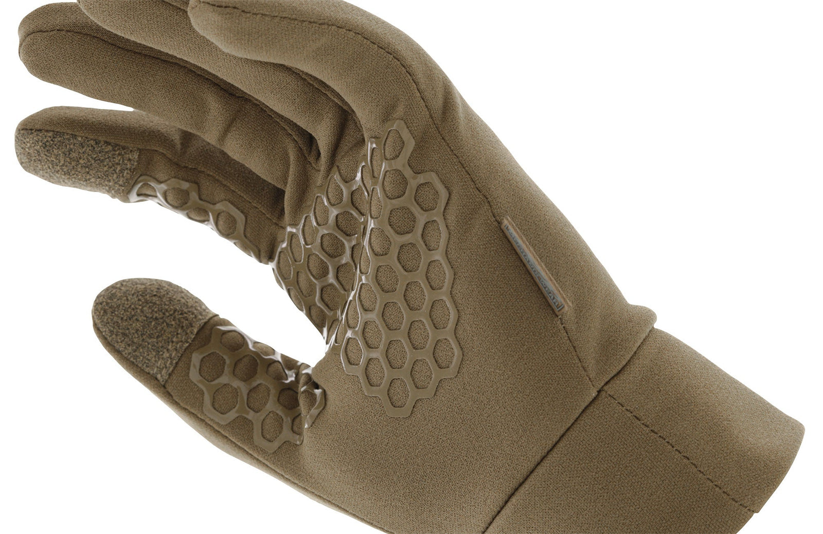 Der MECHANIX Mechanix Handschuhe ColdWork™ Base Layer - Coyote, abgebildet auf weißem Grund, verfügt über sechseckige Griffmuster und verstärkte Daumen und Zeigefinger - ideal als Base Layer oder Liner-Handschuh.