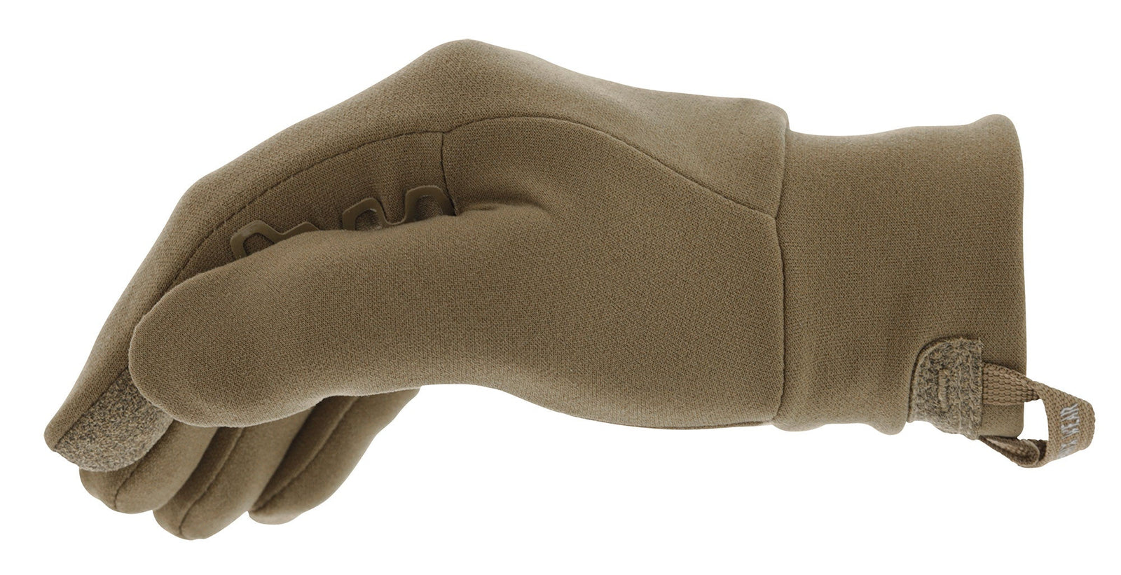 Ein MECHANIX Handschuhe ColdWork™ Base Layer - Coyote Handschuh ist an einer Hand mit gekrümmten Fingern, Handfläche nach unten, abgebildet. Der braune, isolierte Handschuh hat eine glatte Textur und ein Klettband am Handgelenk.
