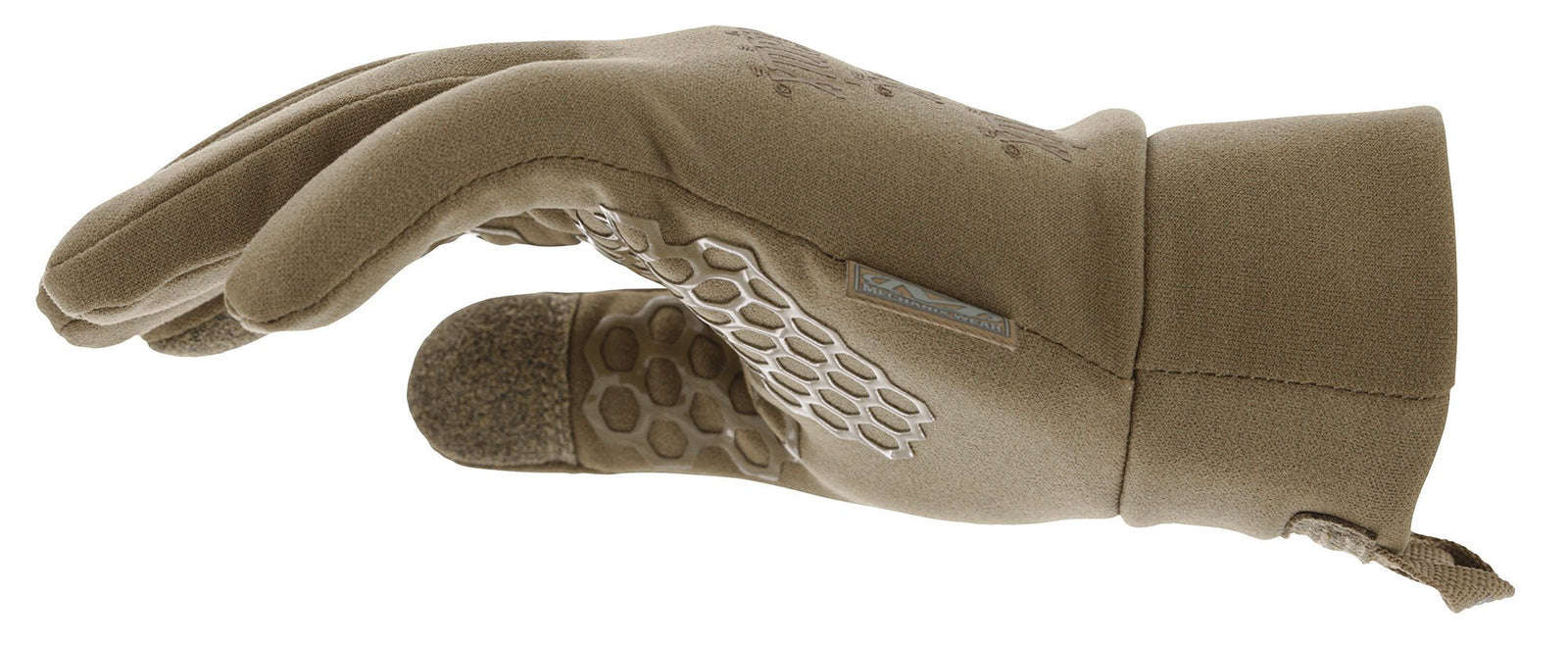 Der MECHANIX ColdWork™ Base Layer - Coyote Handschuh hat eine hellbraune Farbe und einen strukturierten Griff an der Handfläche und den Fingern. Er ist leicht und ideal als Innenhandschuh für den Einsatz im Freien oder bei taktischen Einsätzen, hier auf weißem Hintergrund.