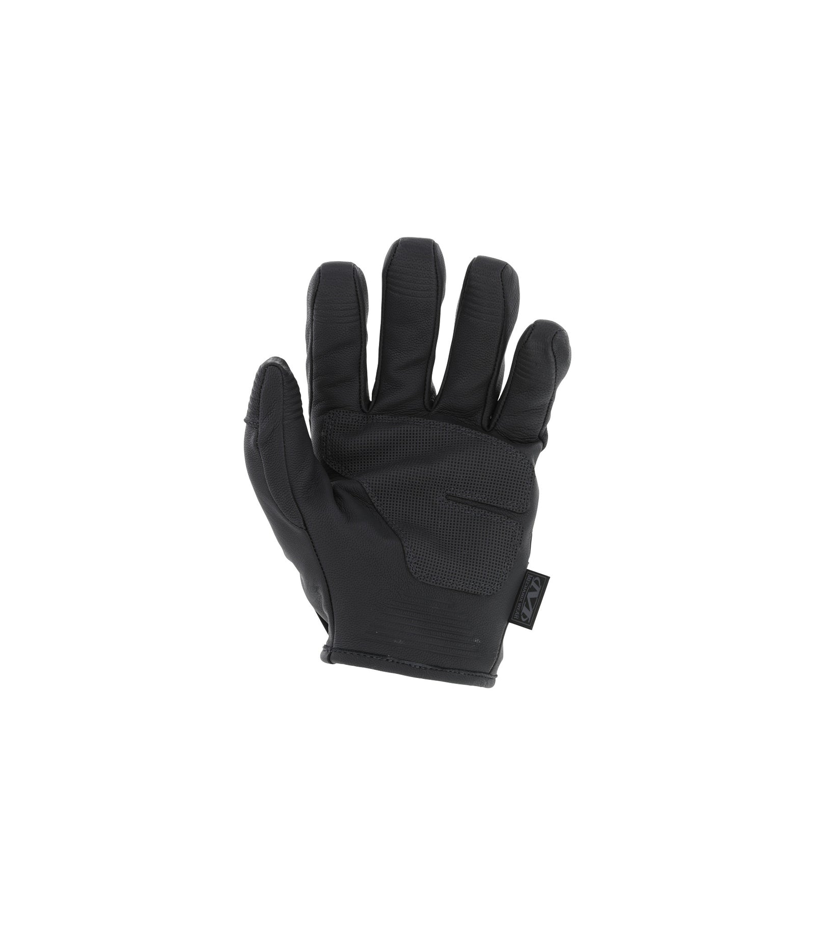 Ein einzelner MECHANIX Mechanix Handschuhe Durahide Needlestick LE Handschuh in Schwarz, mit strukturierter Handfläche und Durahide-Leder, bei dem alle fünf Finger sichtbar sind, wird vor einem einfarbig weißen Hintergrund gezeigt.