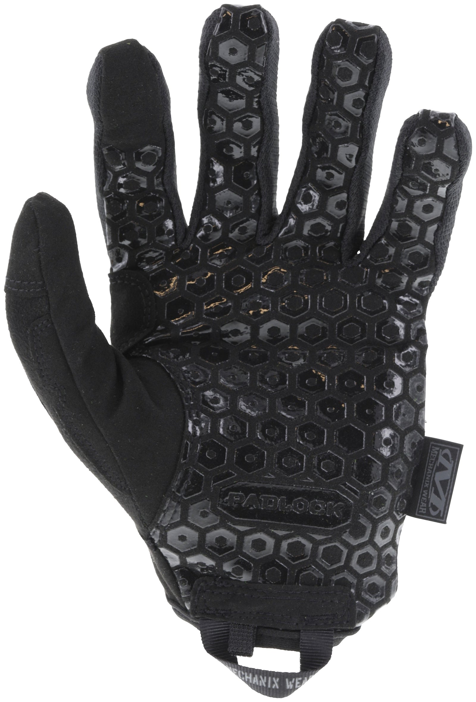 Der MECHANIX Handschuh Precision Pro - Covert ist ein schwarzer Arbeitshandschuh mit einem strukturierten sechseckigen Muster auf der Handfläche und den Fingern für verbesserte Griffigkeit und hohe Fingerfertigkeit, mit Markenetiketten am Handgelenk für zusätzliche Haltbarkeit und Stil.
