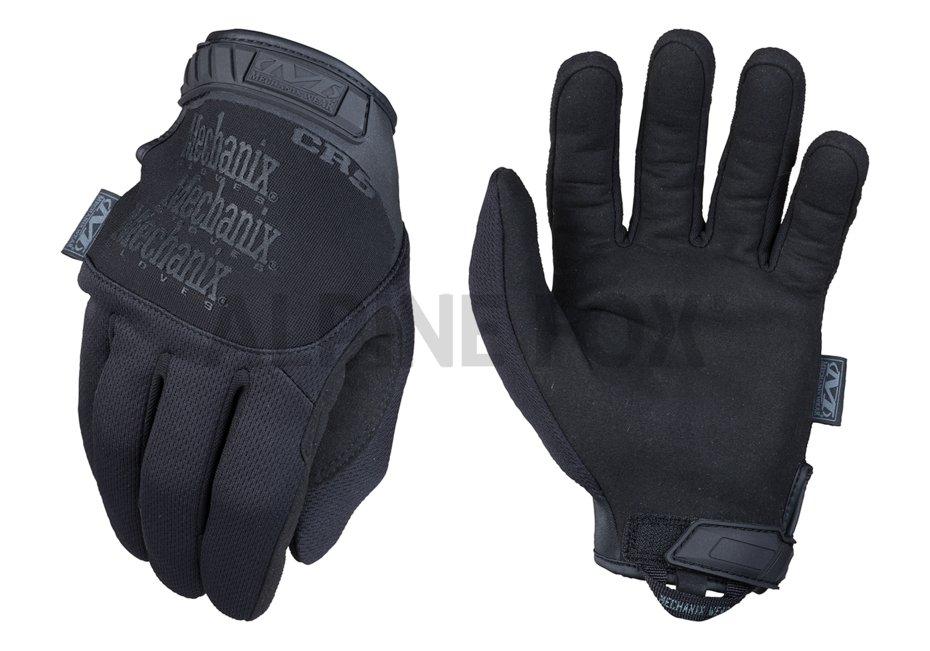 Ein Paar schwarze MECHANIX Handschuhe Pursuit D5 - Covert Handschuhe, einer mit sichtbarer Handfläche, der andere mit grauem Schriftzug "Mechanix Wear" auf dem Handrücken. EN 388 Stufe D zertifiziert für hohe Schnittfestigkeit.
