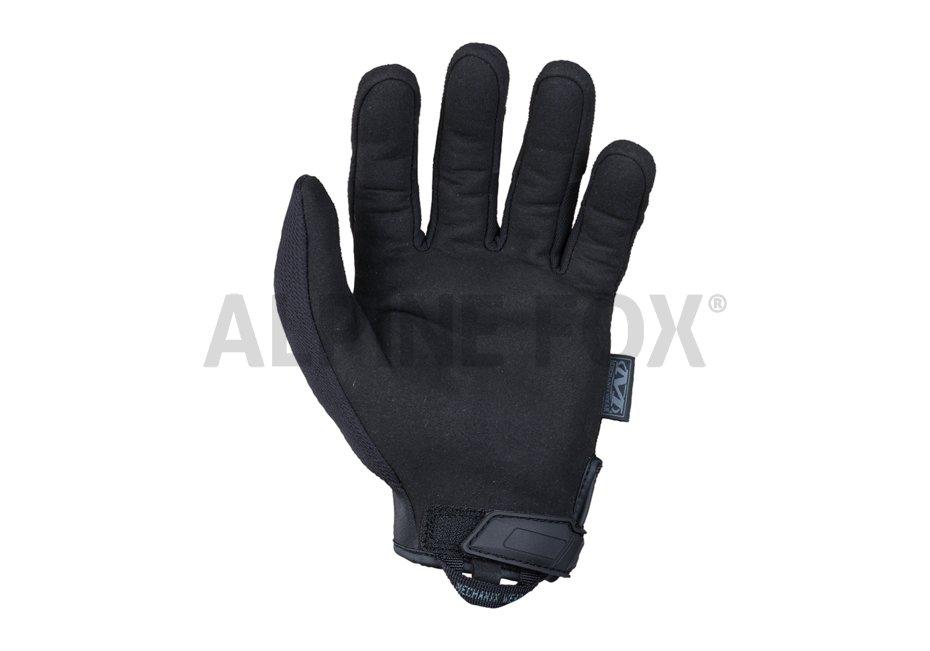 A MECHANIX Handschuhe Pursuit D5 - Verdeckter Handschuh in schwarz mit verstärkter Handfläche und Fingern, dargestellt mit der Handfläche nach oben auf weißem Grund. Zertifiziert nach EN 388 Stufe D für hohe Schnittfestigkeit (schnittfeste Handschuhe).