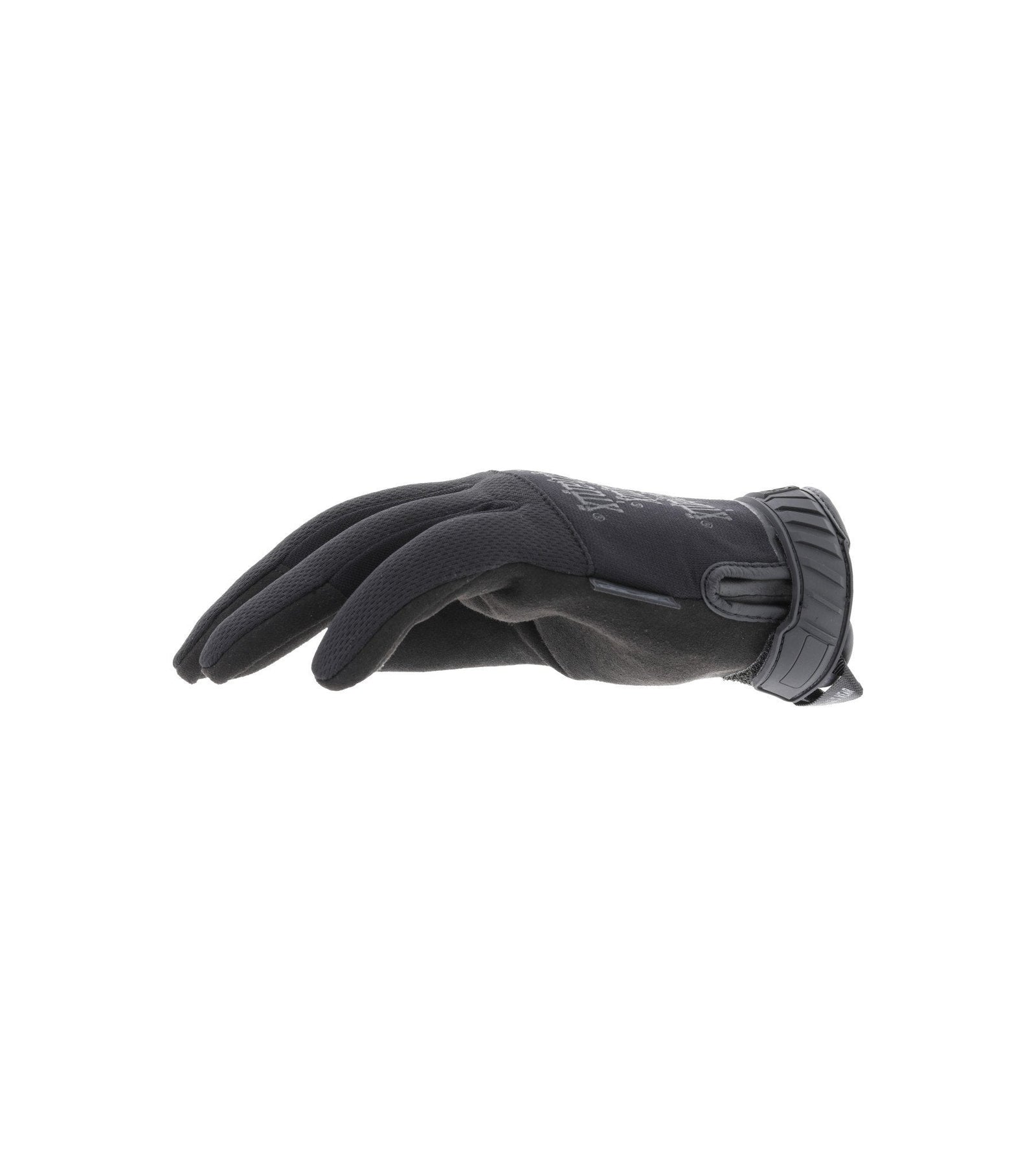 Der MECHANIX Handschuh Pursuit D5 - Covert ist von der Seite in schwarz abgebildet und verfügt über eine strukturierte Oberfläche, eine verstellbare Handschlaufe und leicht gebogene Finger, die schnittfeste Qualitäten und EN 388 Stufe D Schutz unterstreichen.