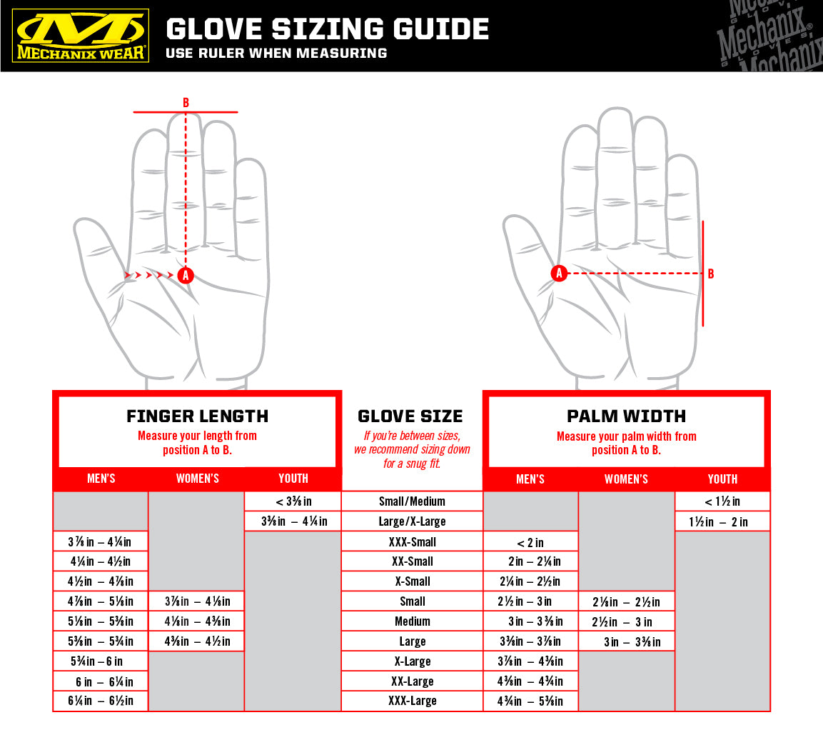 Leitfaden für Handschuhgrößen mit Tabellen für Handlänge und Handflächenbreite für Männer- und Frauengrößen. Inklusive beschrifteter Diagramme - perfekt für die Auswahl Ihrer MECHANIX Mechanix Handschuhe The Original Gen3 - Coyote.