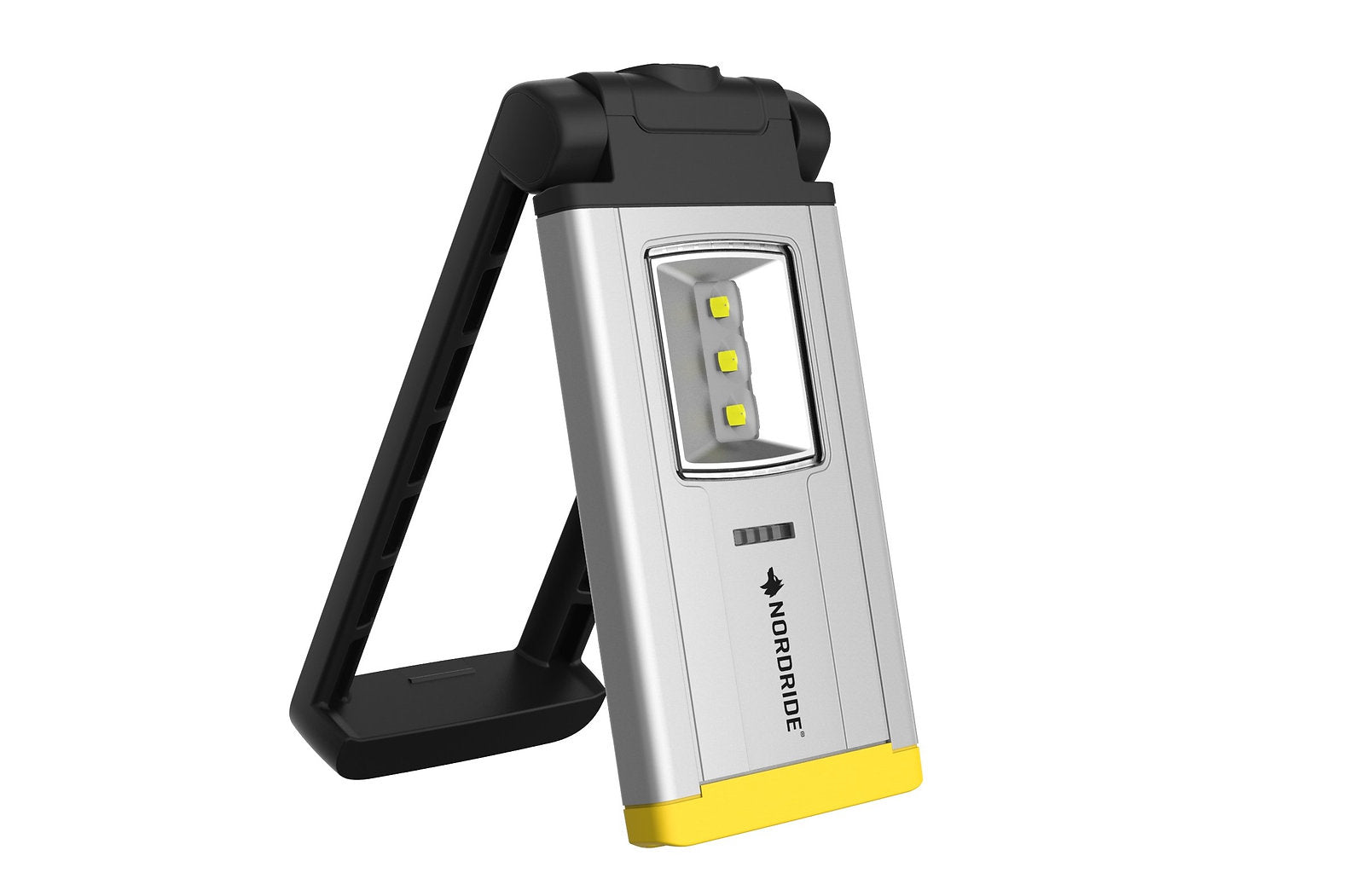 Die Nordride Arbeitslampe Flexi Light Deluxe von NORDRIDE ist eine tragbare silberne LED-Arbeitsleuchte mit drei sichtbaren Glühbirnen, einem gelben Sockel und einem schwarzen, verstellbaren Ständer - perfekt für eine effiziente Arbeitsplatzbeleuchtung.