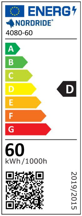Europäisches Energielabel für NORDRIDE Nordride Arbeitsstrahler Sector 60W 4000K: Klasse D, 60 kWh/1000h. Inklusive QR-Code und EU-Flagge. Ideal als 60W Flutlicht für Baustellen.
