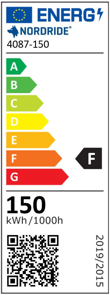 Europäisches Energielabel für NORDRIDE Nordride Baustrahler Sector 150W IP65 der Klasse F; Farbskala A (grün) bis G (rot), 150 kWh/1000h, IP65, 150W, mit EU-Flagge, QR-Code und Datum 2019/2015 dargestellt.