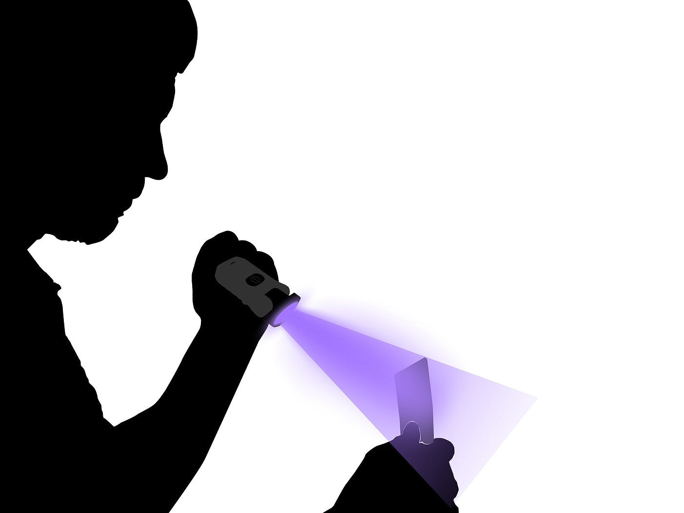 Silhouette einer Person, die die NORDRIDE Nordride Clipleuchte Patrol UV benutzt und violettes Licht auf ein rechteckiges Objekt wirft, um das Scannen oder Analysieren mit fortschrittlicher Technologie zu veranschaulichen.