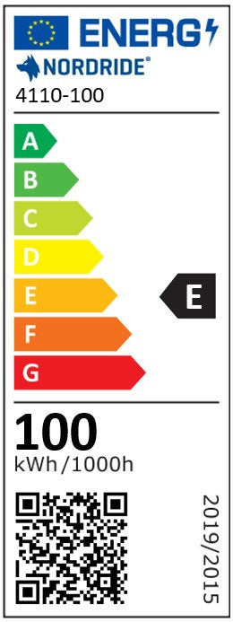 Das EU-Energielabel für den NORDRIDE Hochleistungsstrahler Lumos 100 W, einen 10.000-Lumen-LED-Fluter der Kategorie E (100 kWh/1000h), enthält einen QR-Code und eine Farbskala von A (grün) bis G (rot).