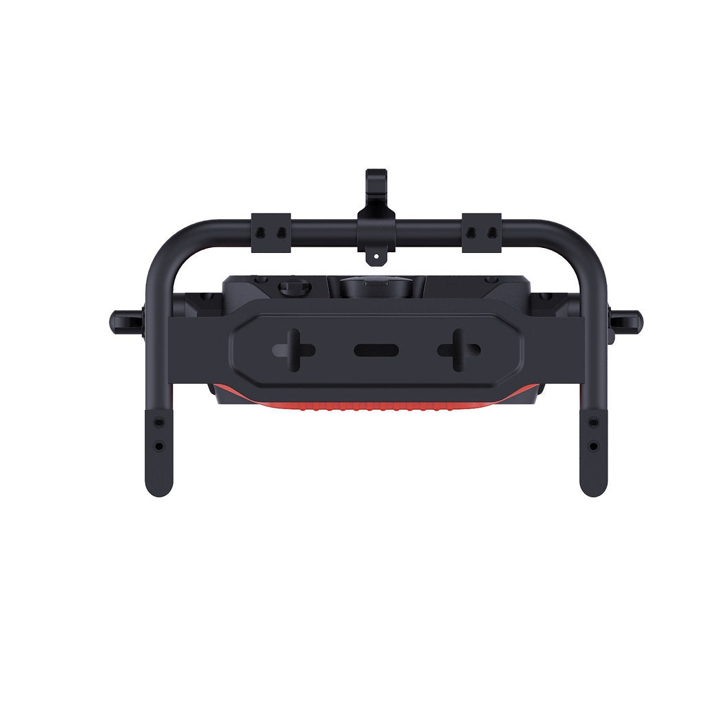 Eine schwarze Metall-Wandhalterung für den NORDRIDE Hochleistungsstrahler Lumos 100 W, mit verstellbaren Armen und Zentralplatte, abgebildet von vorne auf weiß. Ideal für bis zu 10.000 Lumen Anwendungen wie Baustellenstrahler.